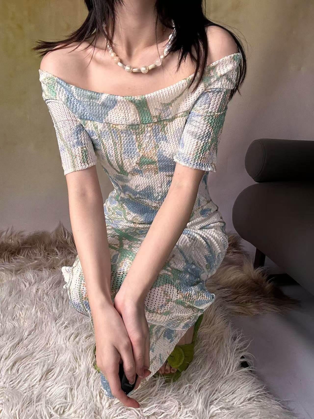 ANTIMOON Blue Green Floral Lace Off Shoulder Women's Mesh Polyester Bodycon Maxi Dresses