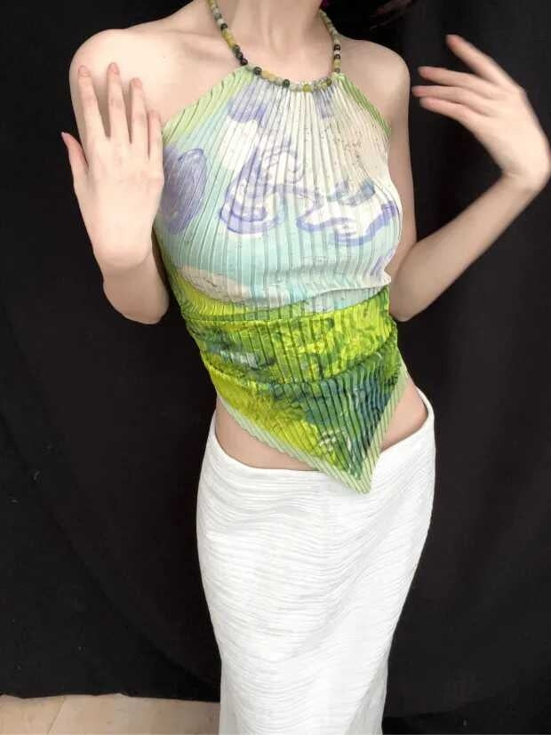 ANTIMOON_Blue_Porcelain_Floral_Scarf_Print_Ruched_Women's_Polyester_Halter_Tops_775548553300_MISSTT