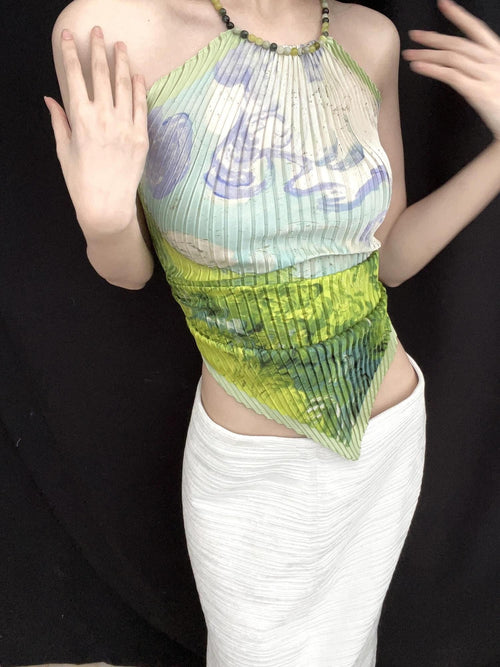 ANTIMOON Blue Porcelain Floral Scarf Print Ruched Women's Polyester Halter Tops