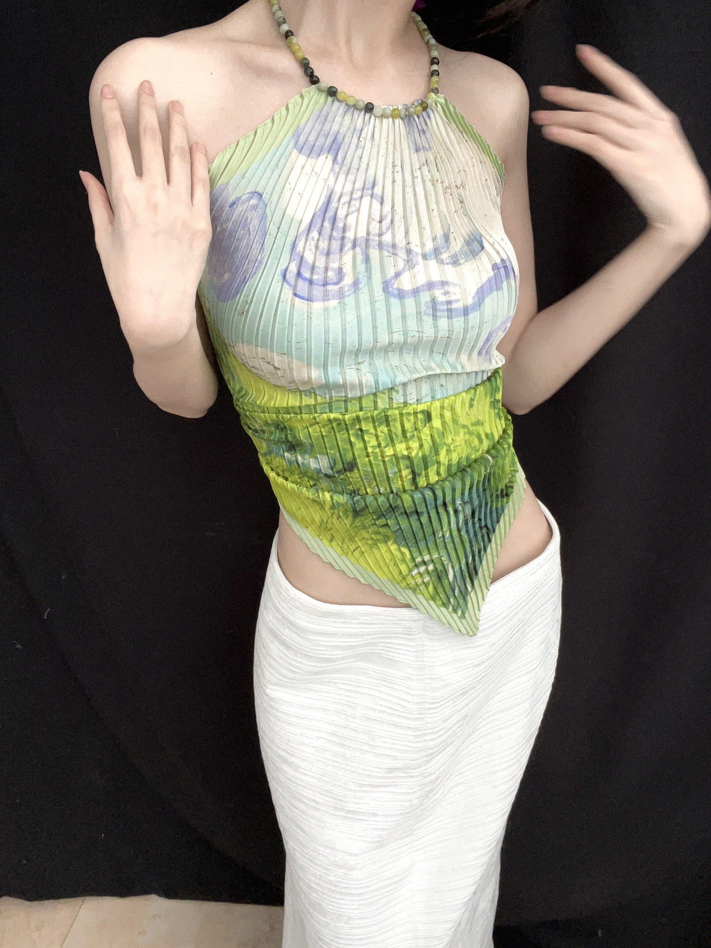 ANTIMOON Blue Porcelain Floral Scarf Print Ruched Women's Polyester Halter Tops