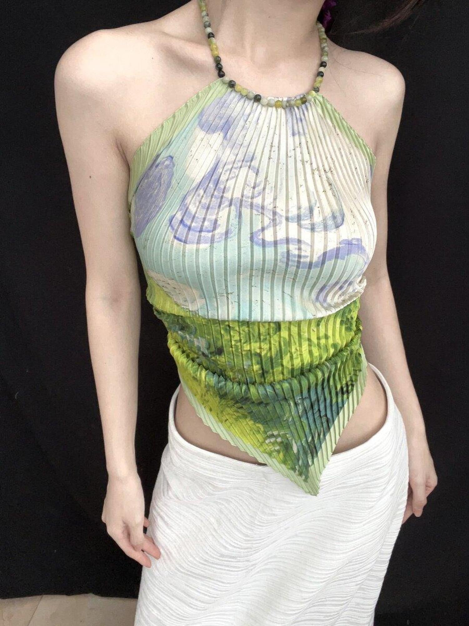 ANTIMOON Blue Porcelain Floral Scarf Print Ruched Women's Polyester Halter Tops