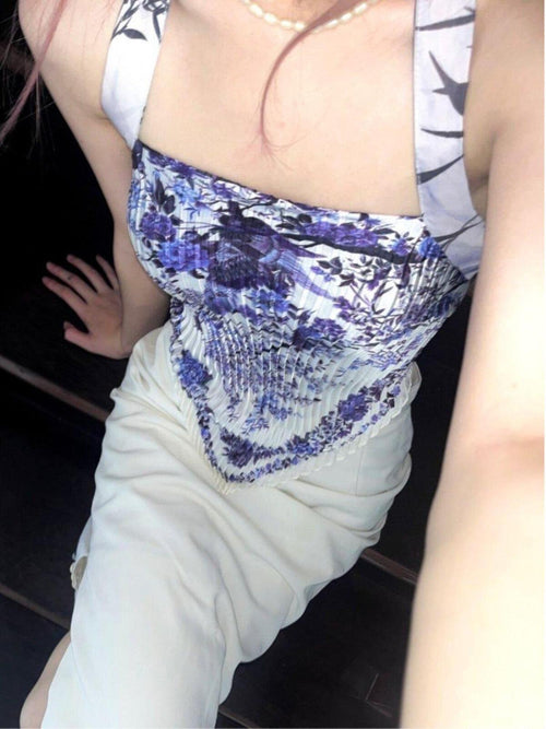 ANTIMOON Blue Porcelain Print Halter Open Back Pleated Tie Back Women's Camisoles