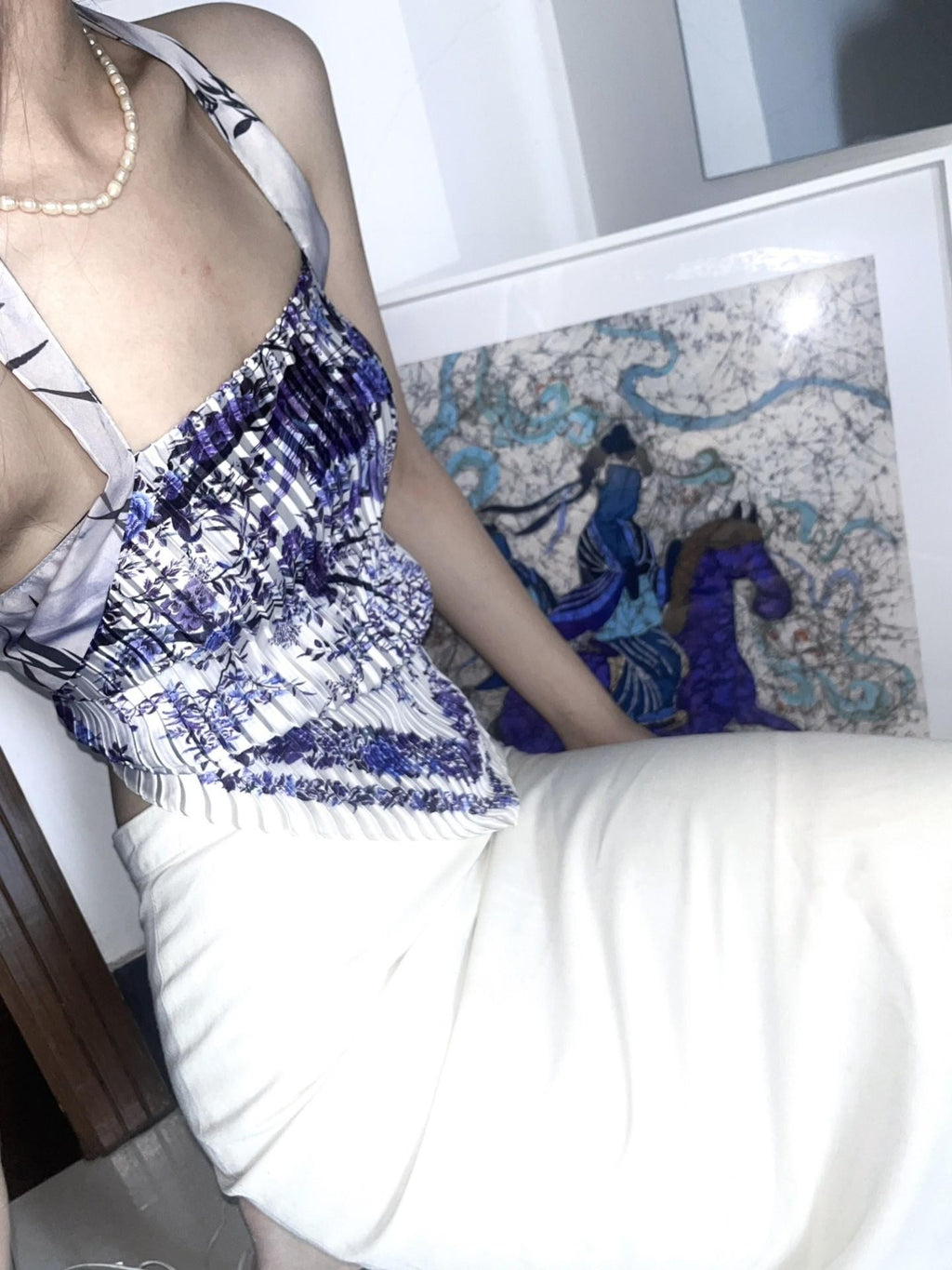 ANTIMOON Blue Porcelain Print Halter Open Back Pleated Tie Back Women's Camisoles