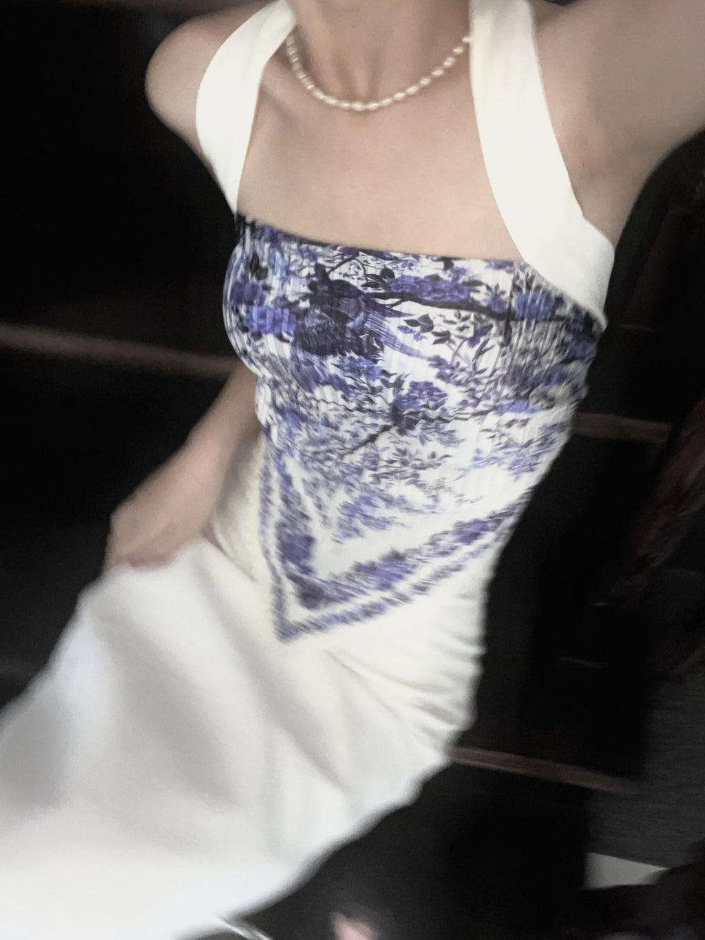 ANTIMOON Blue Porcelain Print Halter Open Back Pleated Tie Back Women's Camisoles