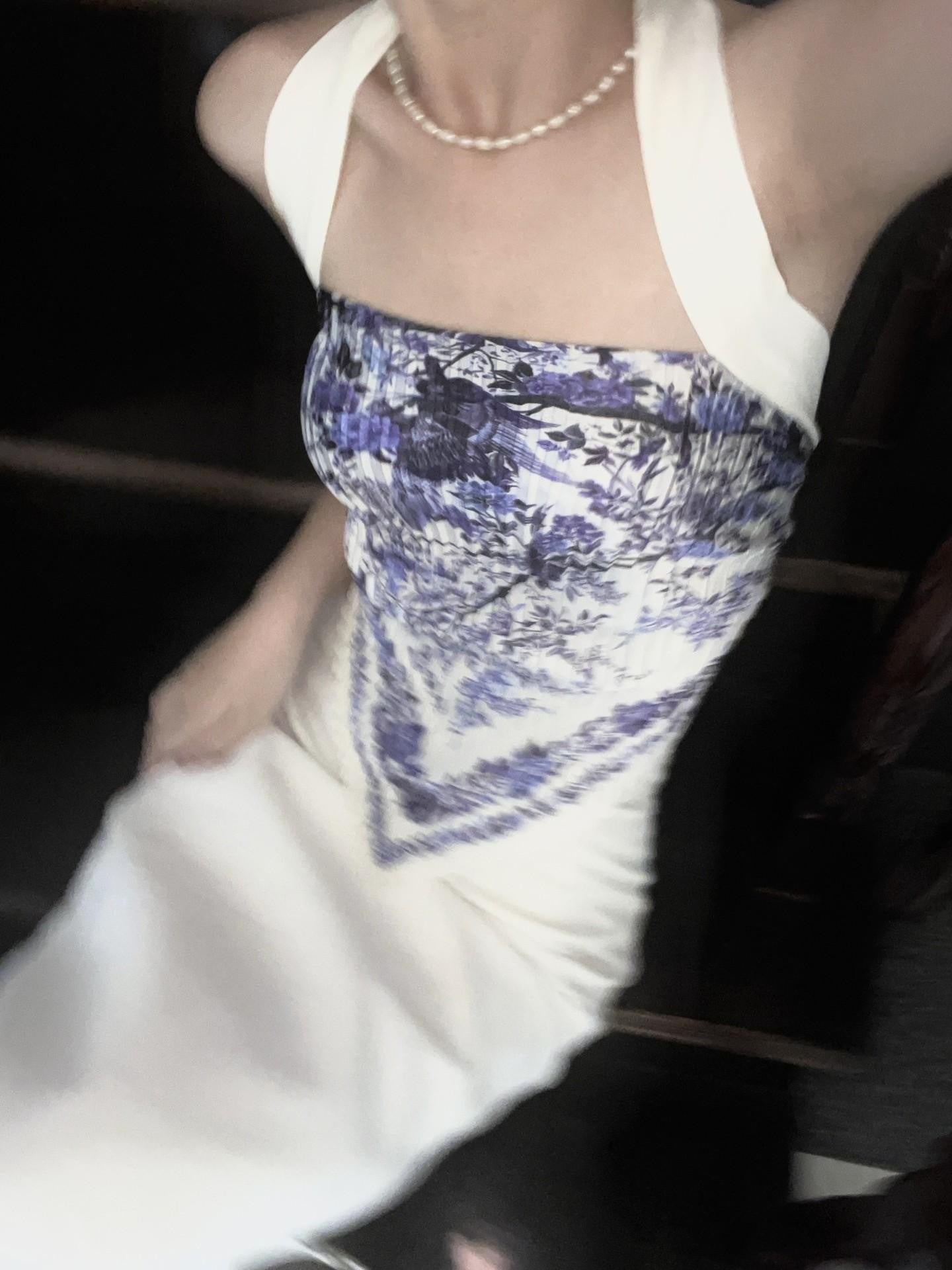 ANTIMOON Blue Porcelain Print Halter Open Back Pleated Tie Back Women's Camisoles