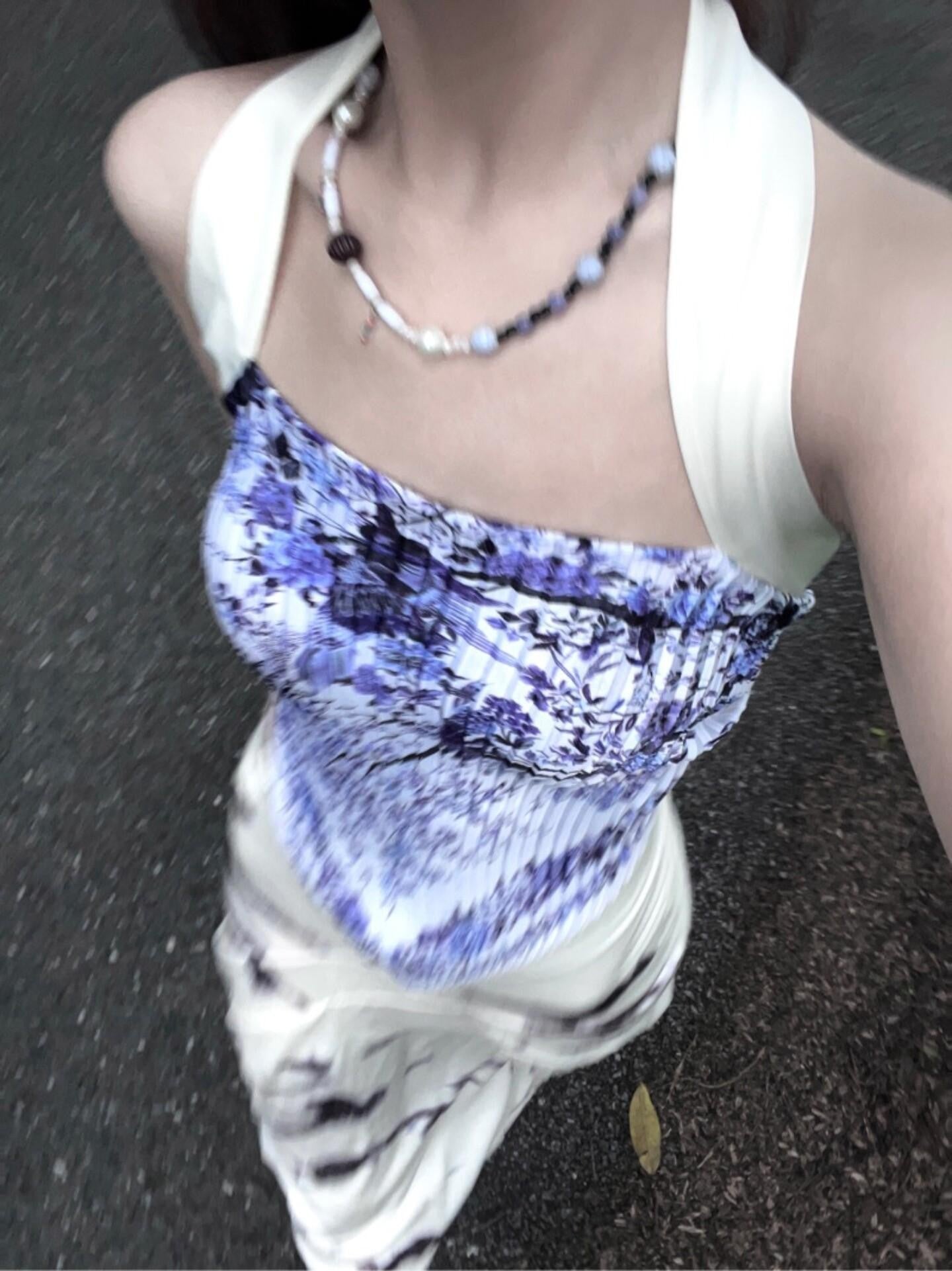 ANTIMOON Blue Porcelain Print Halter Open Back Pleated Tie Back Women's Camisoles