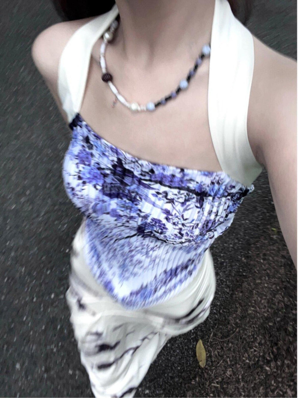ANTIMOON Blue Porcelain Print Halter Open Back Pleated Tie Back Women's Camisoles