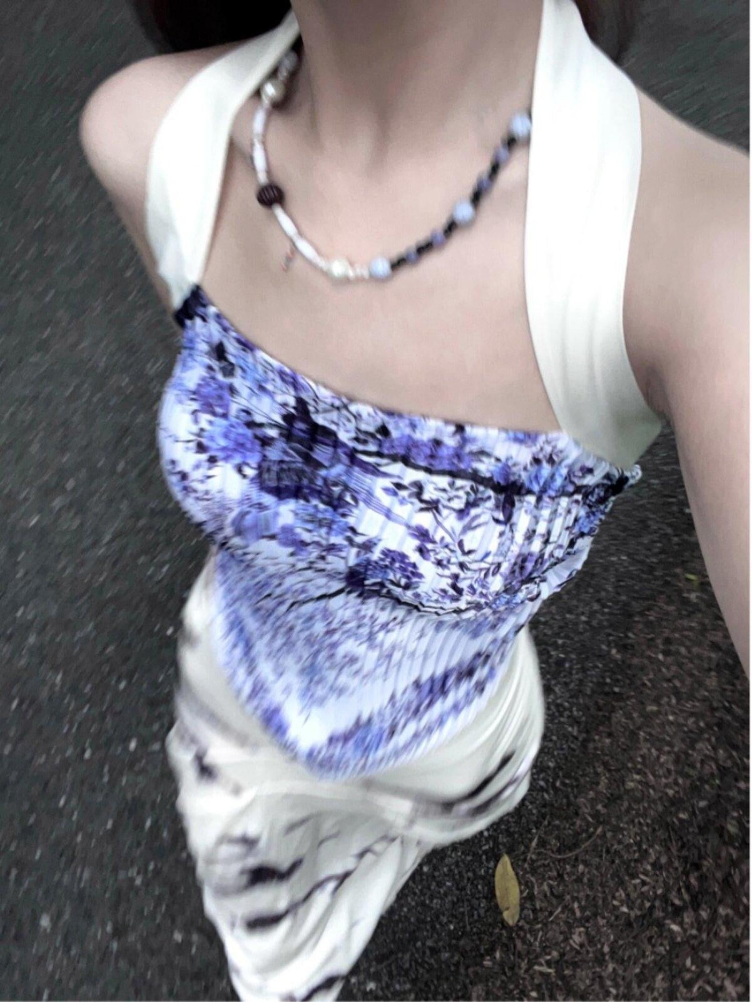 ANTIMOON Blue Porcelain Print Halter Open Back Pleated Tie Back Women's Camisoles