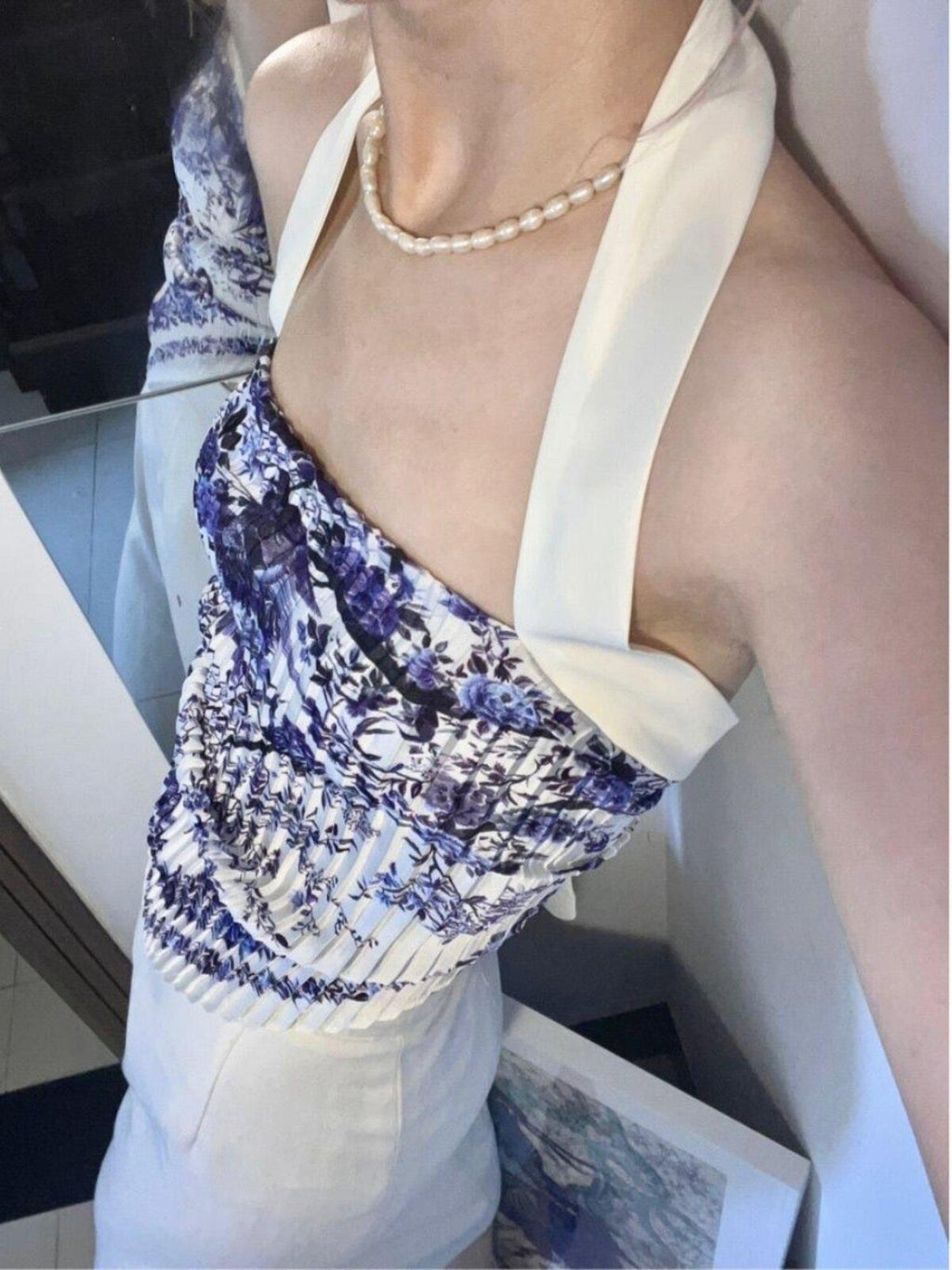 ANTIMOON Blue Porcelain Print Halter Open Back Pleated Tie Back Women's Camisoles