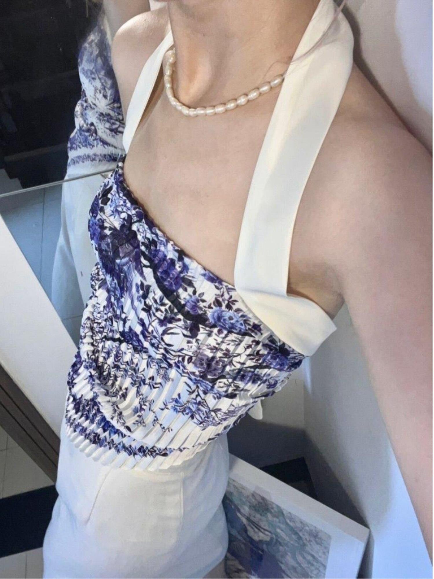 ANTIMOON Blue Porcelain Print Halter Open Back Pleated Tie Back Women's Camisoles