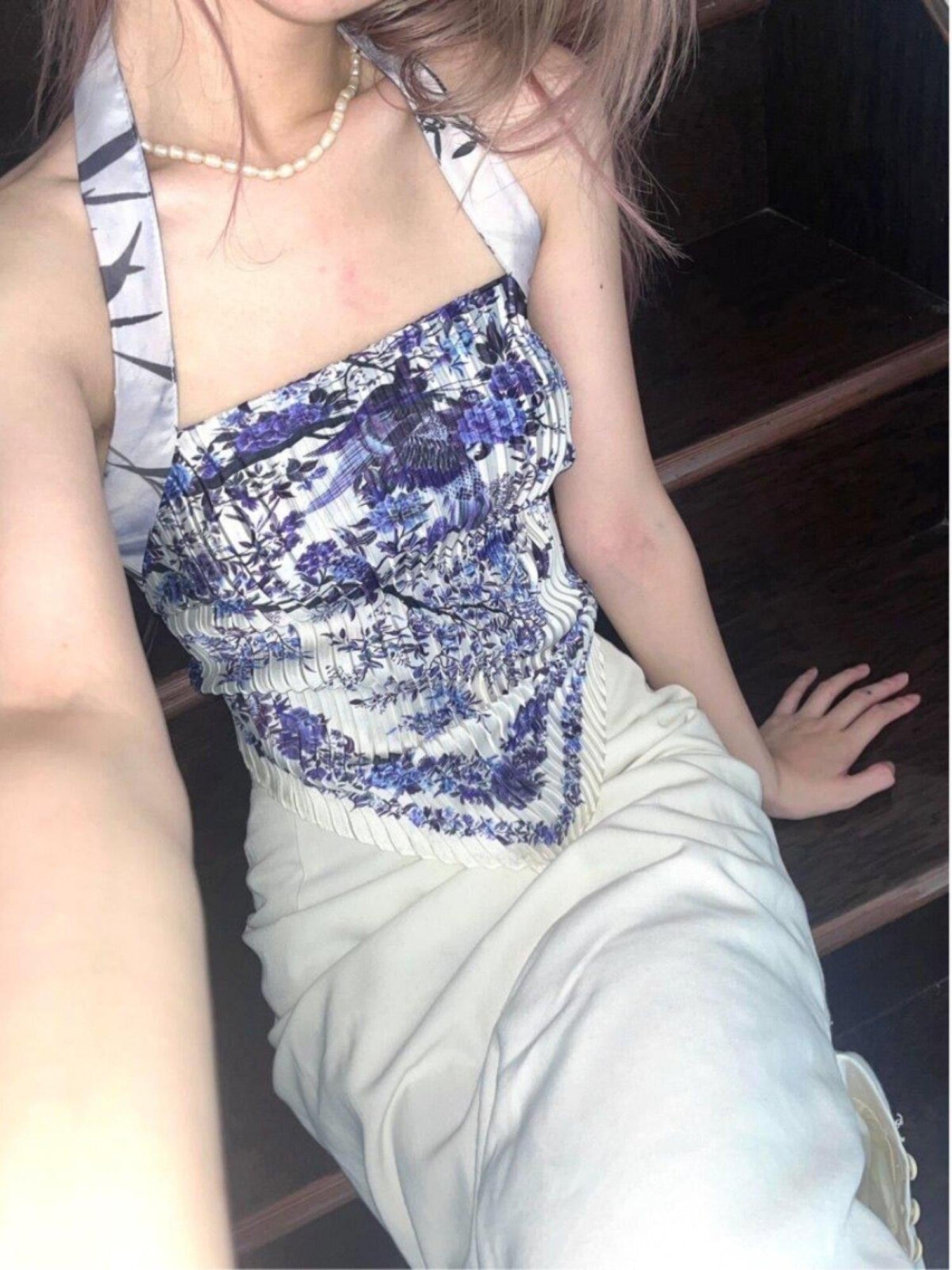 ANTIMOON Blue Porcelain Print Halter Open Back Pleated Tie Back Women's Camisoles