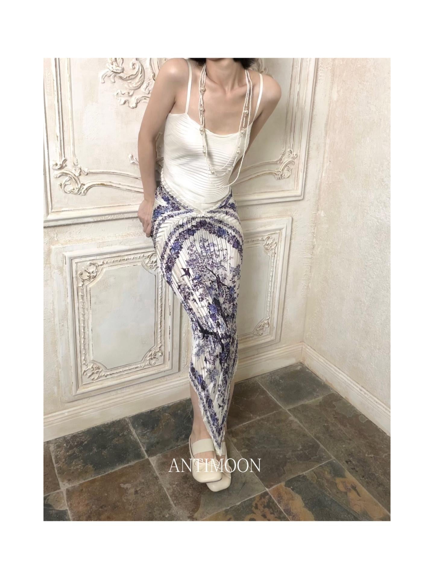 ANTIMOON Blue Porcelain Print Pleated Women's Polyester Slip Maxi Dresses