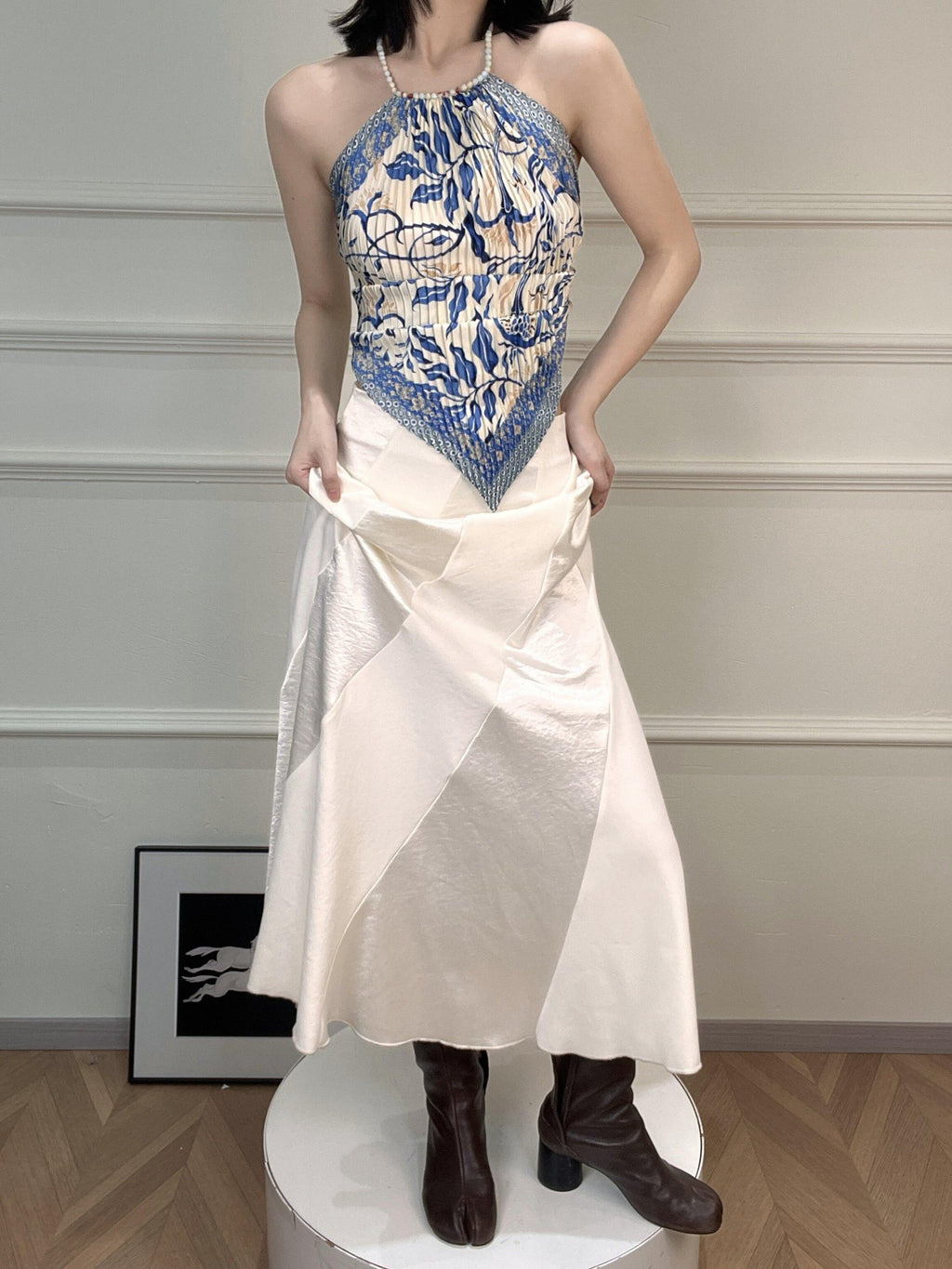 ANTIMOON Blue Porcelain Ruched Backless Women's Polyester Halter Tops