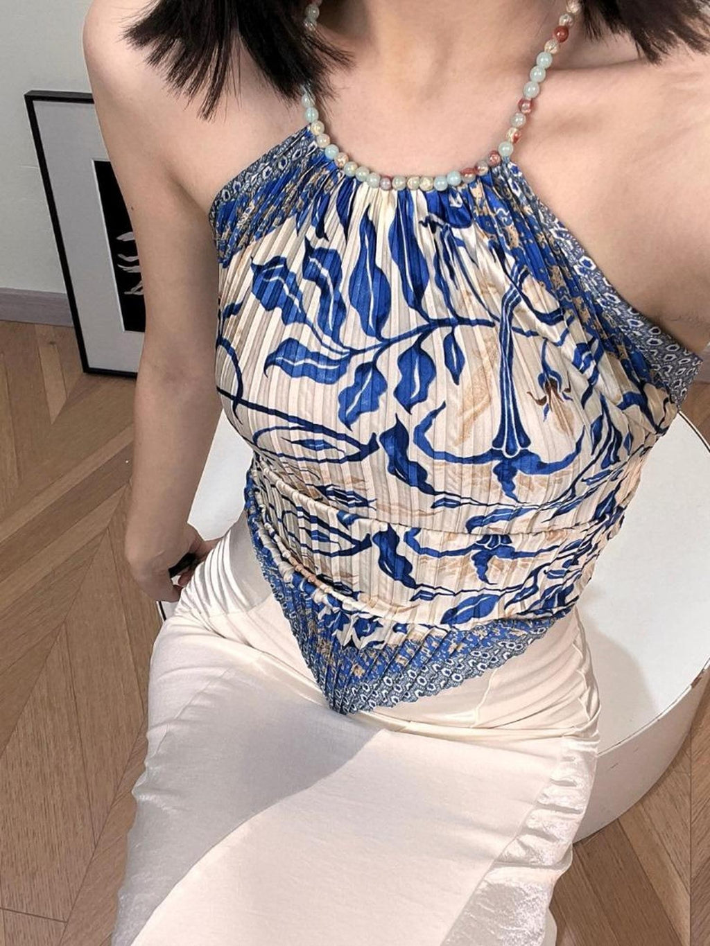 ANTIMOON Blue Porcelain Ruched Backless Women's Polyester Halter Tops