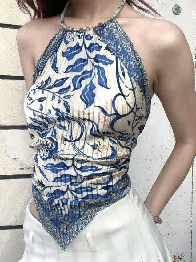 ANTIMOON Blue Porcelain Ruched Backless Women's Polyester Halter Tops