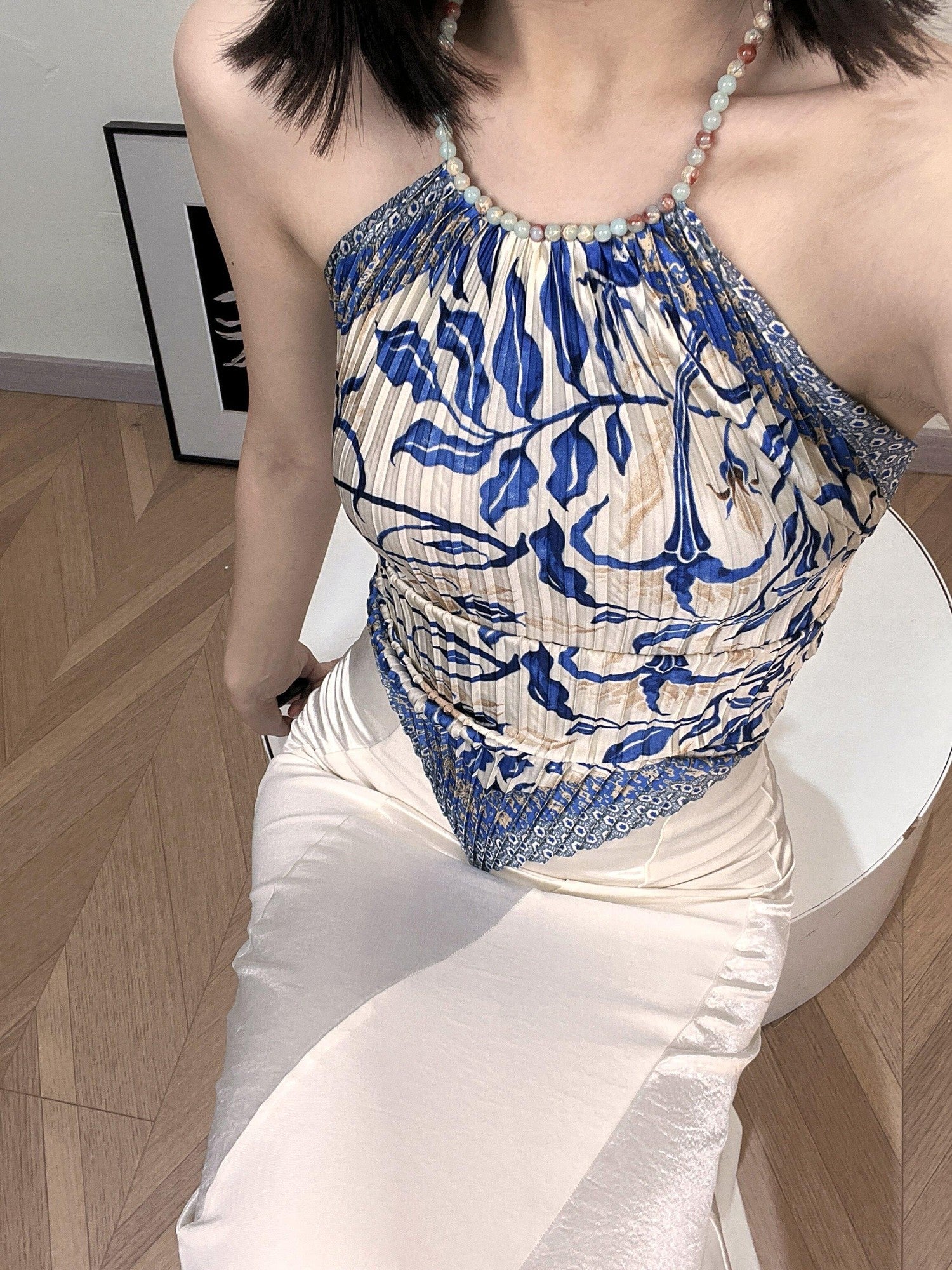 ANTIMOON Blue Porcelain Ruched Backless Women's Polyester Halter Tops