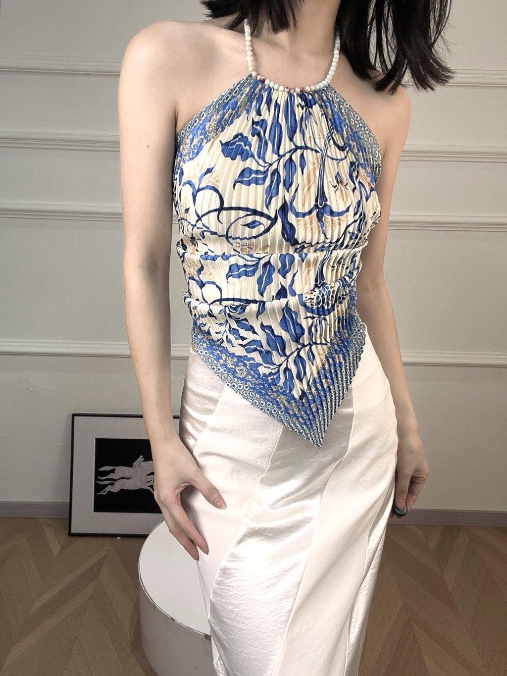 ANTIMOON Blue Porcelain Ruched Backless Women's Polyester Halter Tops