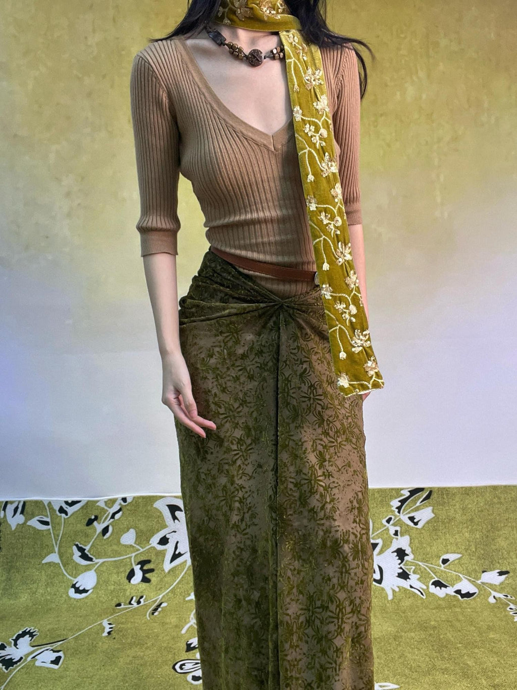 ANTIMOON Botanical Burnout Jacquard Chinese Women's Velvet Casual Maxi Dresses