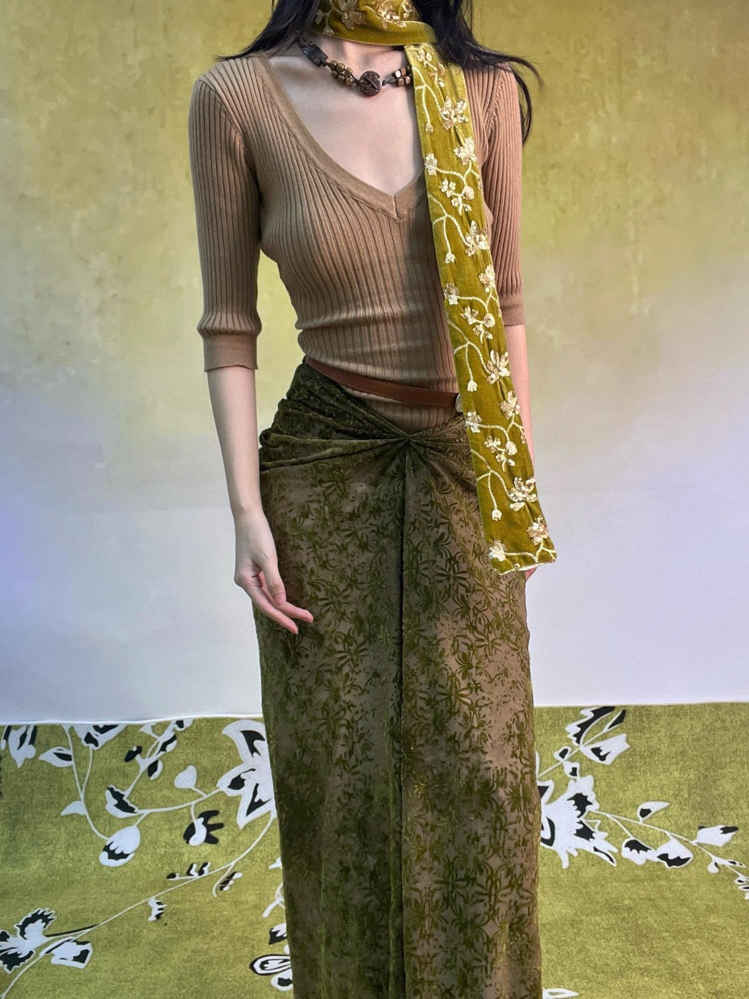 ANTIMOON Botanical Burnout Jacquard Chinese Women's Velvet Casual Maxi Dresses