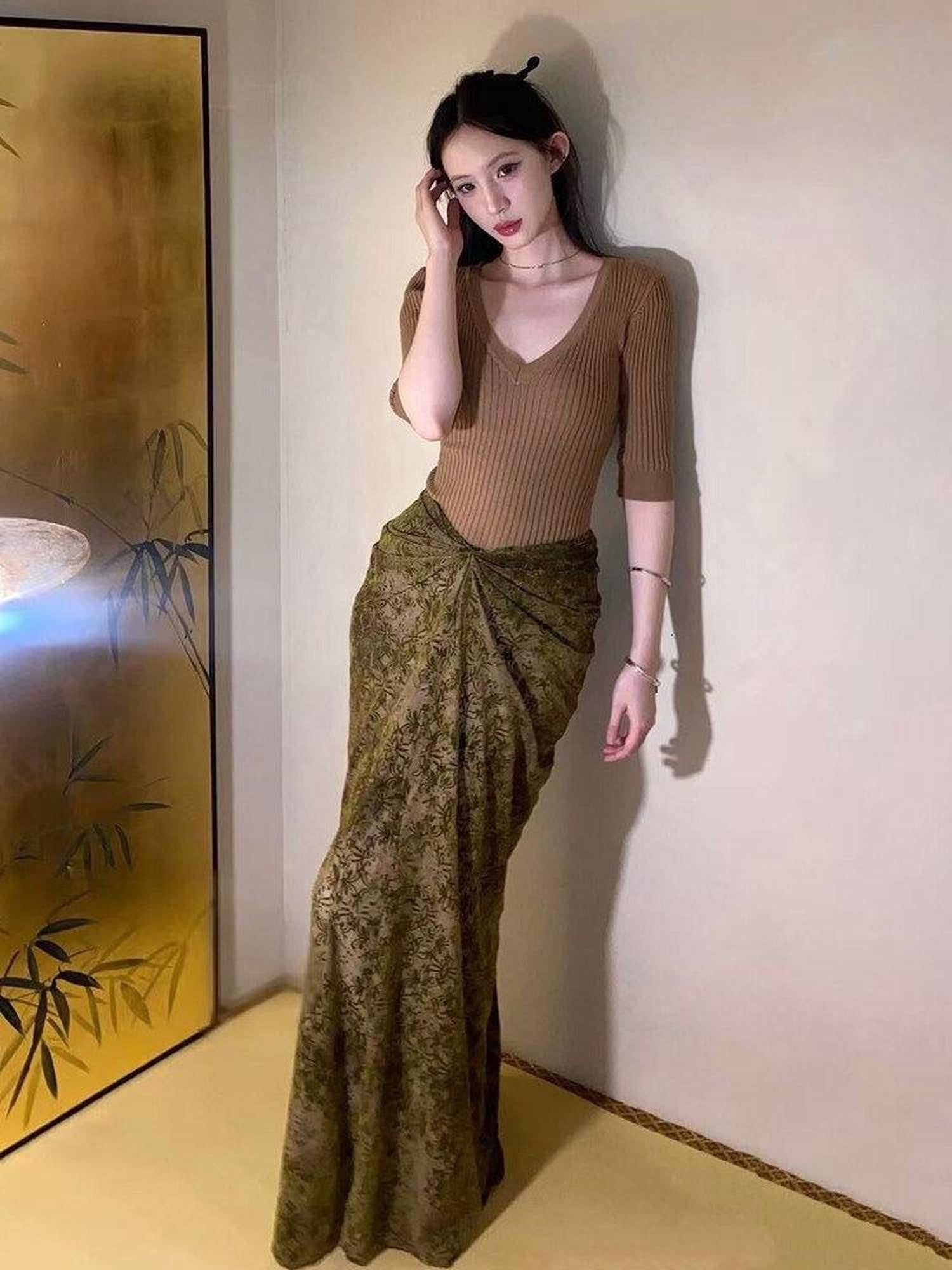 ANTIMOON Botanical Burnout Jacquard Chinese Women's Velvet Casual Maxi Dresses