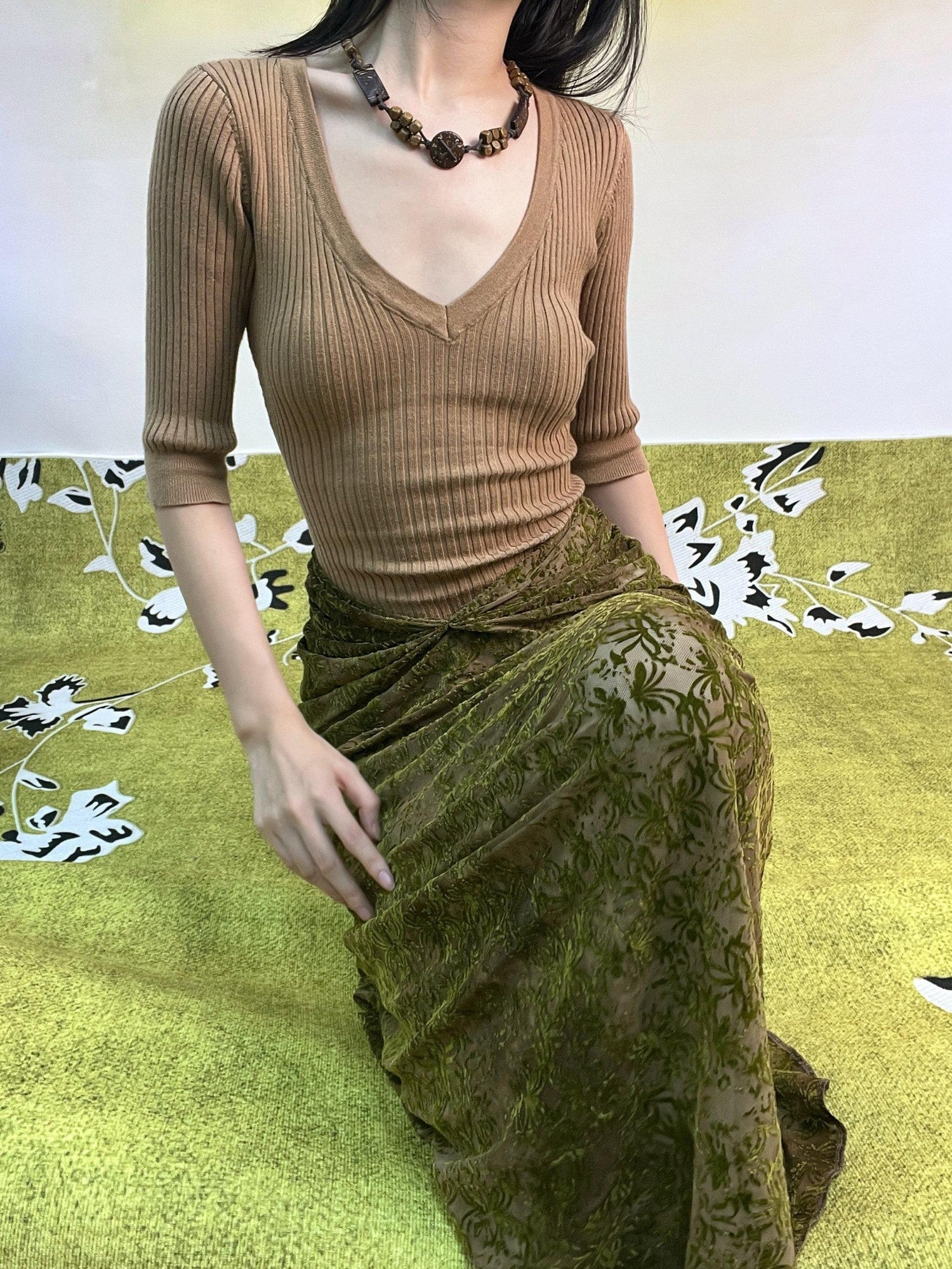 ANTIMOON Botanical Burnout Jacquard Chinese Women's Velvet Casual Maxi Dresses
