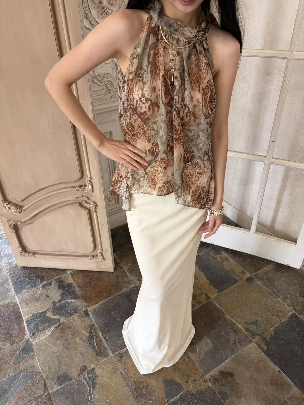 ANTIMOON_Bronze_Rust_Printed_Sleeveless_Women's_Georgette_Matching_Skirt_Sets_1064403248044_MISSTT