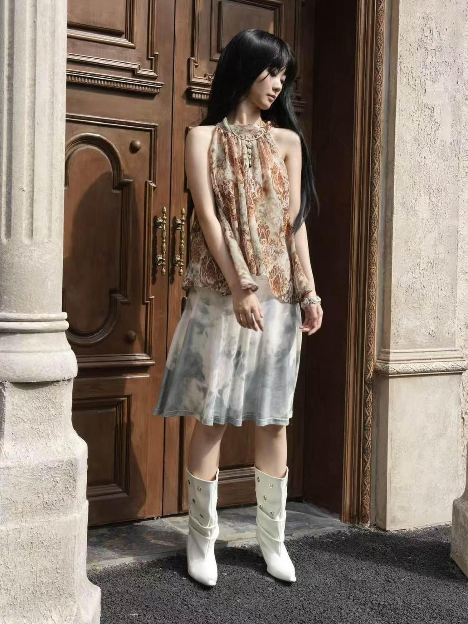 ANTIMOON Bronze Rust Printed Sleeveless Women's Georgette Matching Skirt Sets