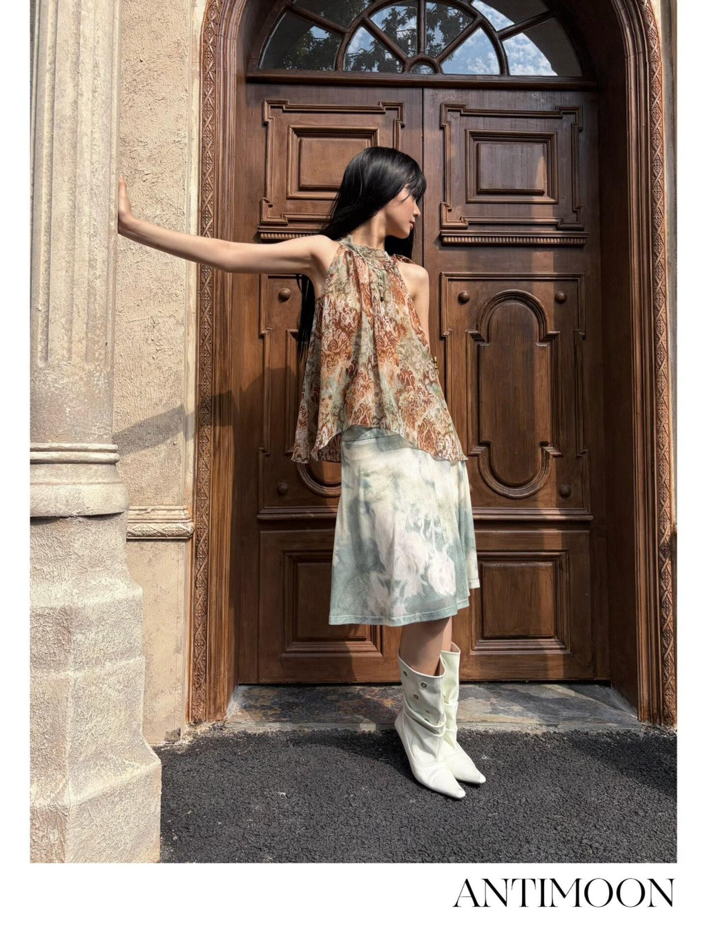 ANTIMOON Bronze Rust Printed Sleeveless Women's Georgette Matching Skirt Sets
