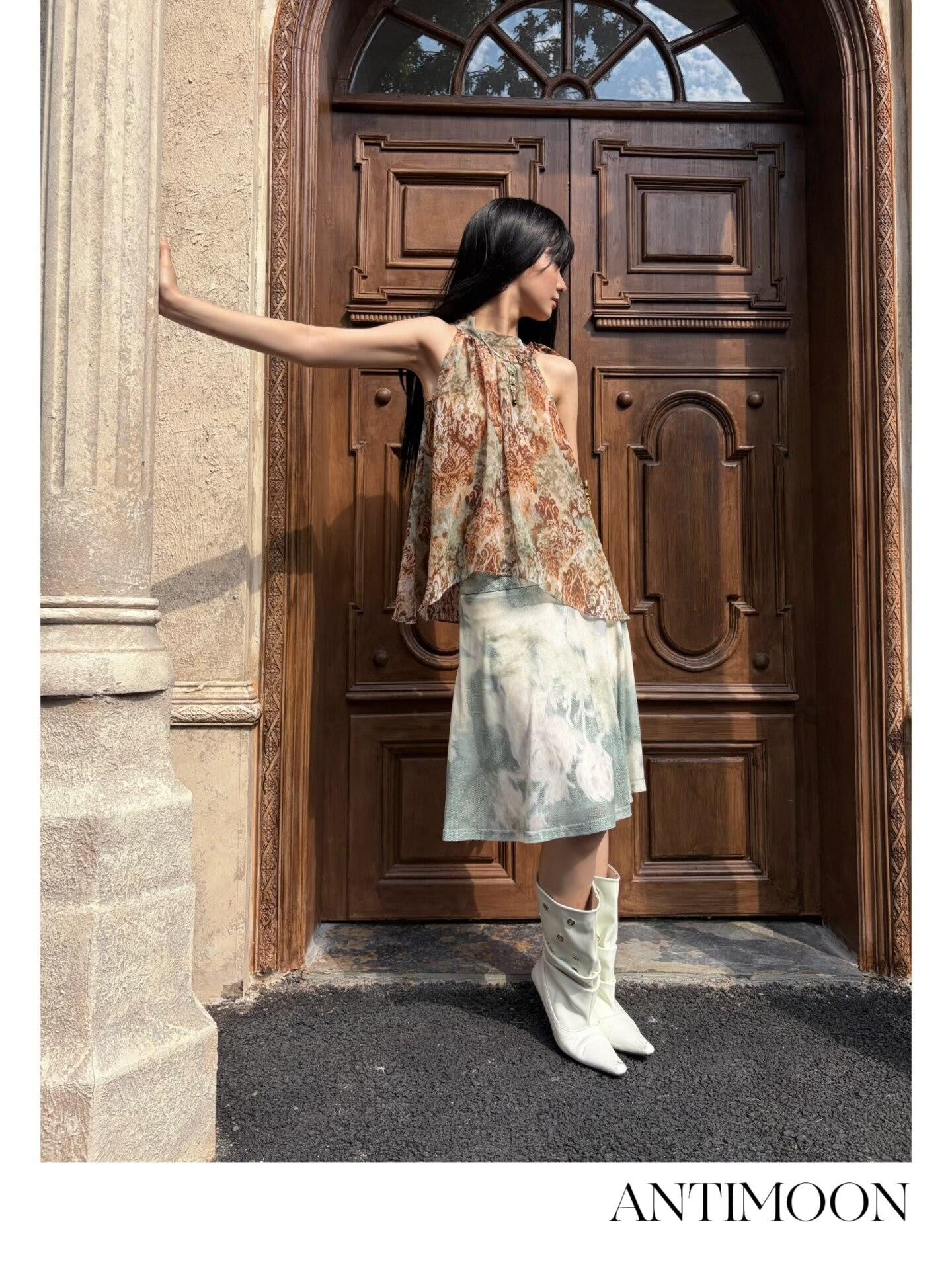 ANTIMOON Bronze Rust Printed Sleeveless Women's Georgette Matching Skirt Sets