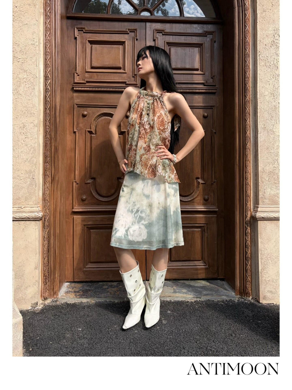 ANTIMOON Bronze Rust Printed Sleeveless Women's Georgette Matching Skirt Sets