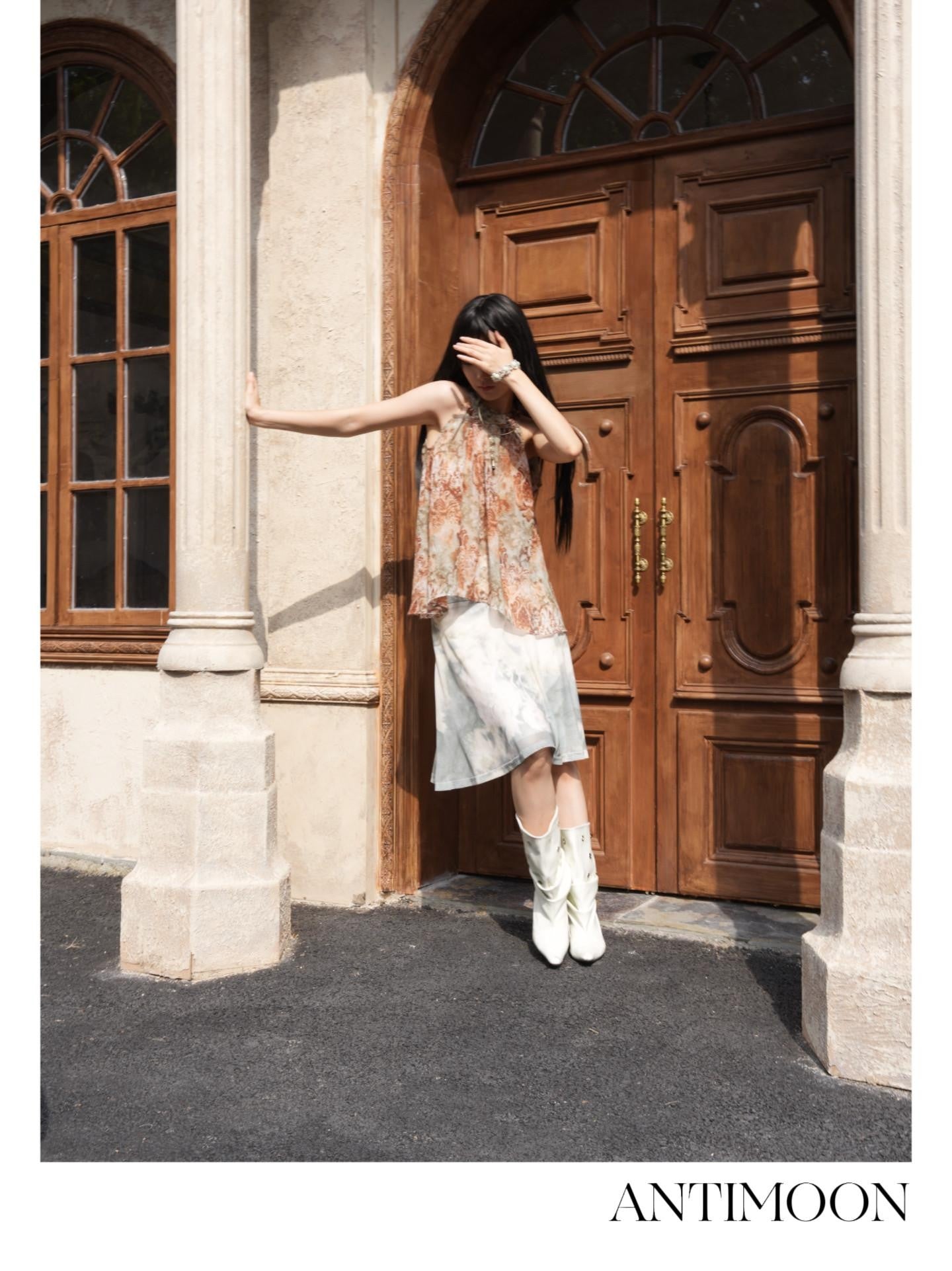 ANTIMOON Bronze Rust Printed Sleeveless Women's Georgette Matching Skirt Sets