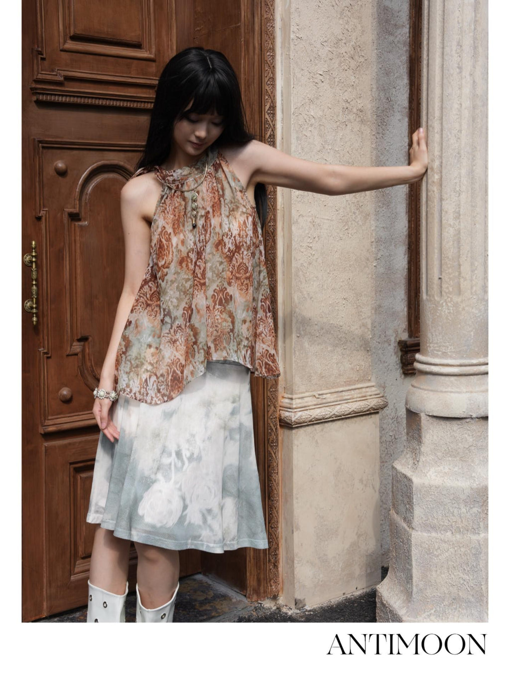 ANTIMOON Bronze Rust Printed Sleeveless Women's Georgette Matching Skirt Sets