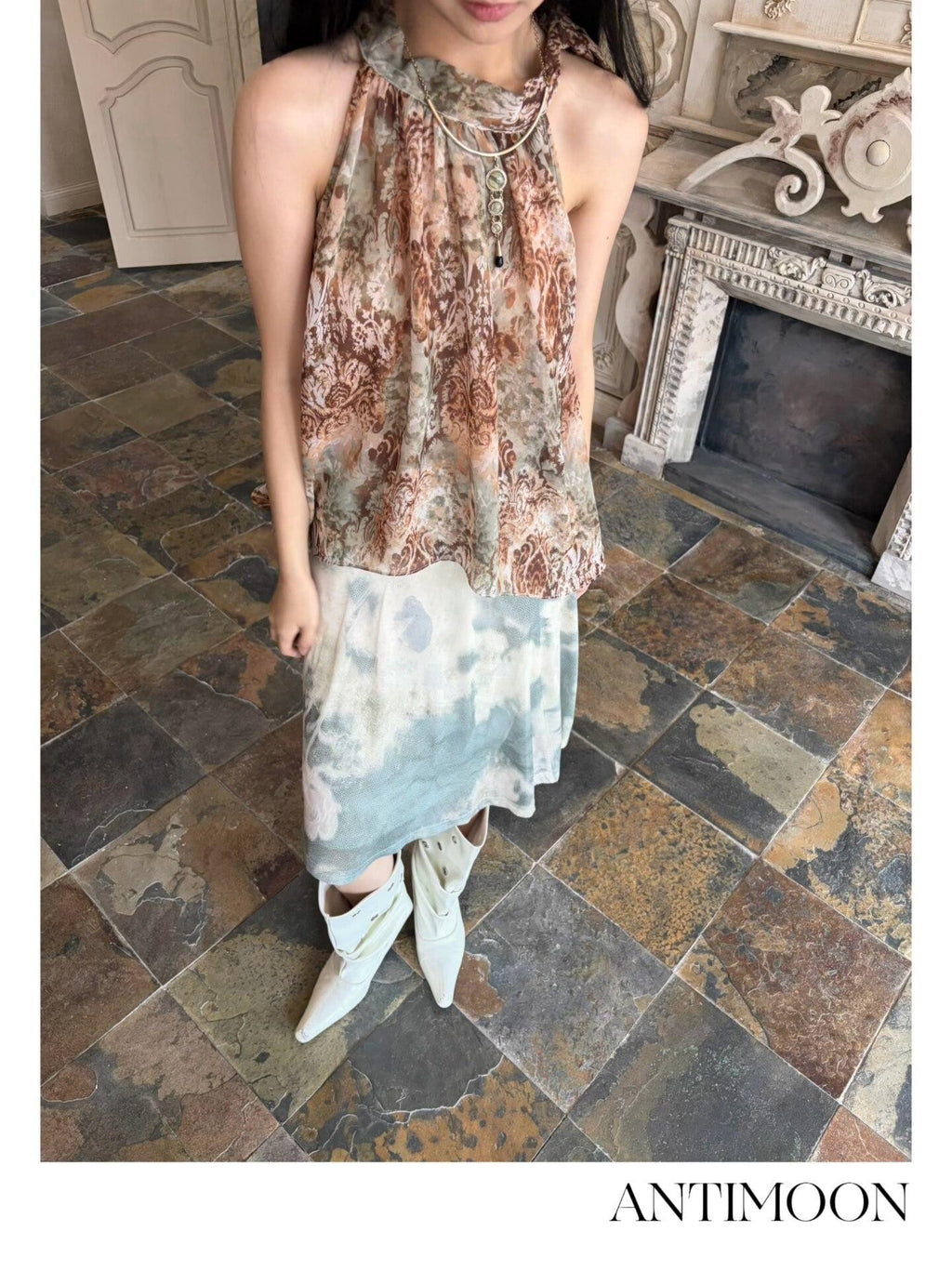 ANTIMOON Bronze Rust Printed Sleeveless Women's Georgette Matching Skirt Sets