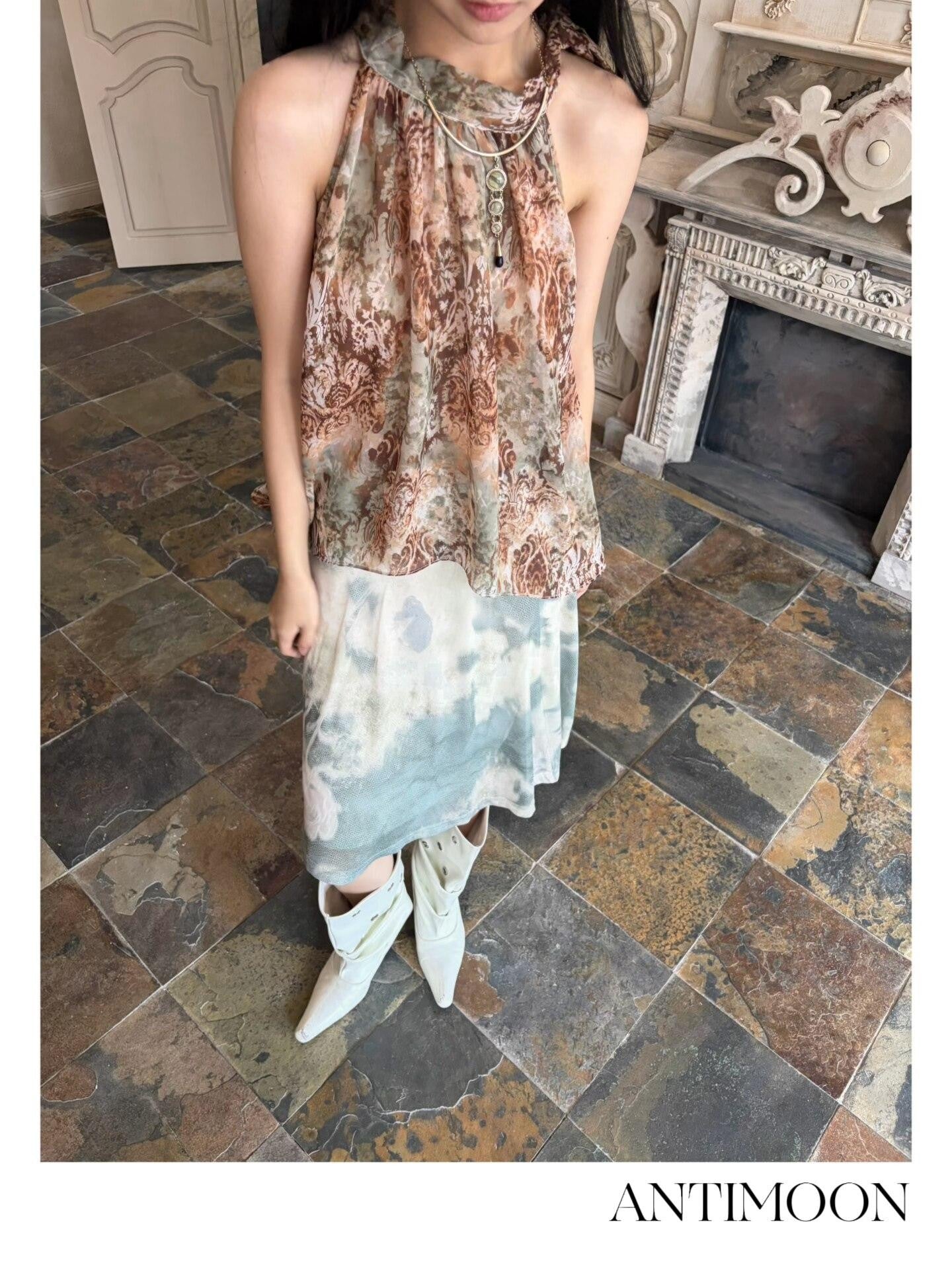 ANTIMOON Bronze Rust Printed Sleeveless Women's Georgette Matching Skirt Sets