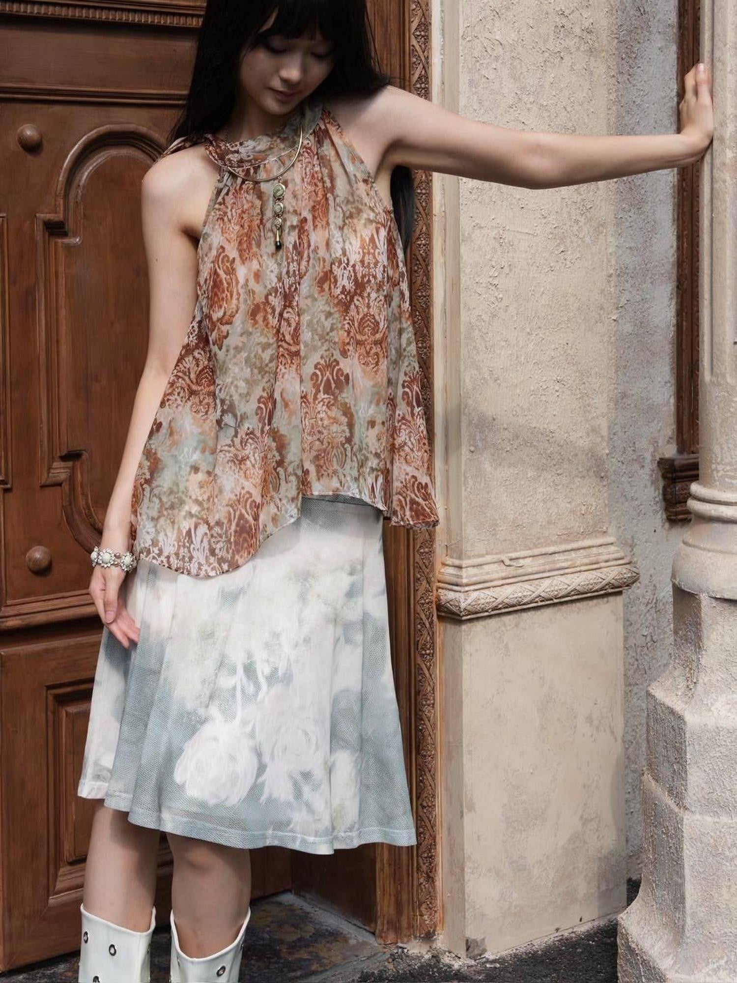 ANTIMOON Bronze Rust Printed Sleeveless Women's Georgette Matching Skirt Sets