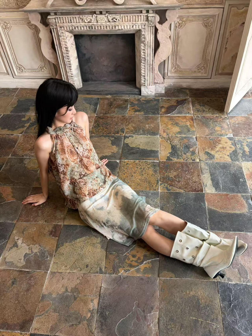 ANTIMOON Bronze Rust Printed Sleeveless Women's Georgette Matching Skirt Sets