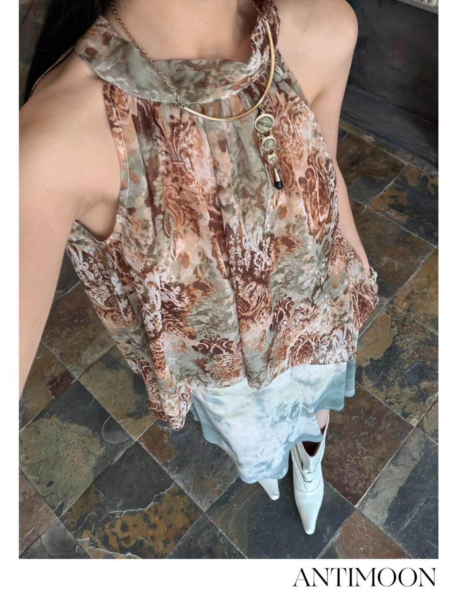 ANTIMOON Bronze Rust Printed Sleeveless Women's Georgette Matching Skirt Sets