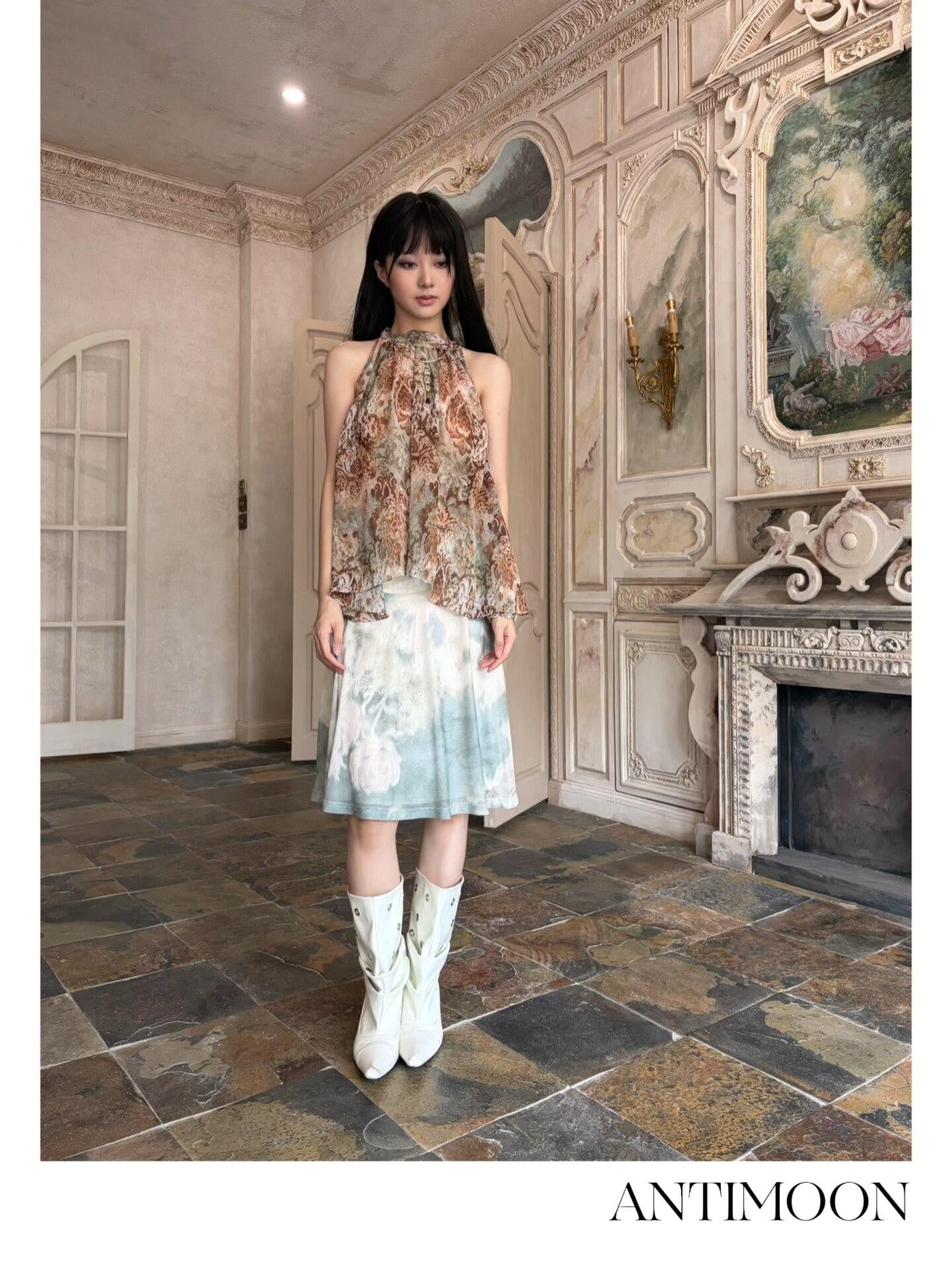 ANTIMOON Bronze Rust Printed Sleeveless Women's Georgette Matching Skirt Sets