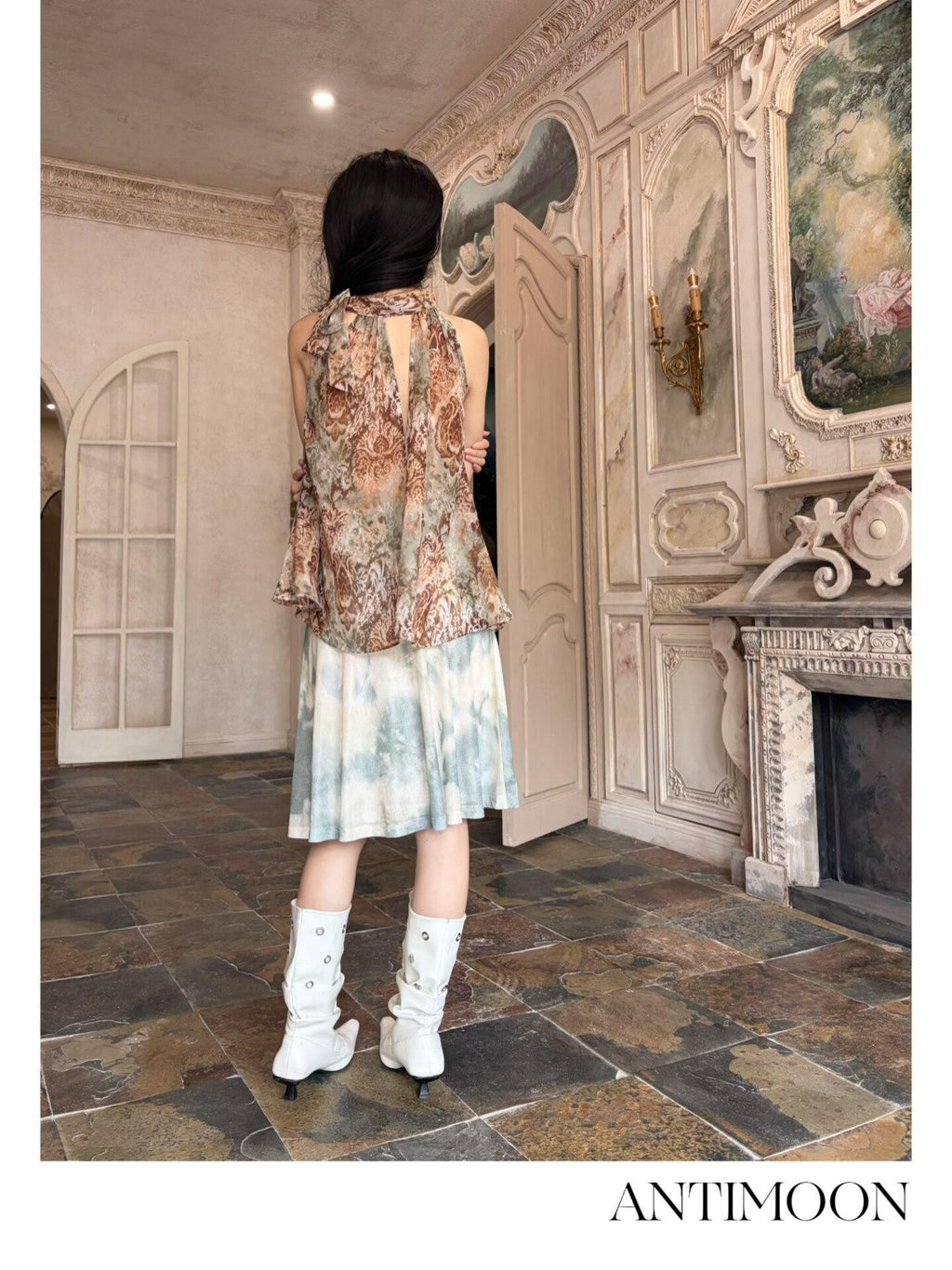 ANTIMOON Bronze Rust Printed Sleeveless Women's Georgette Matching Skirt Sets