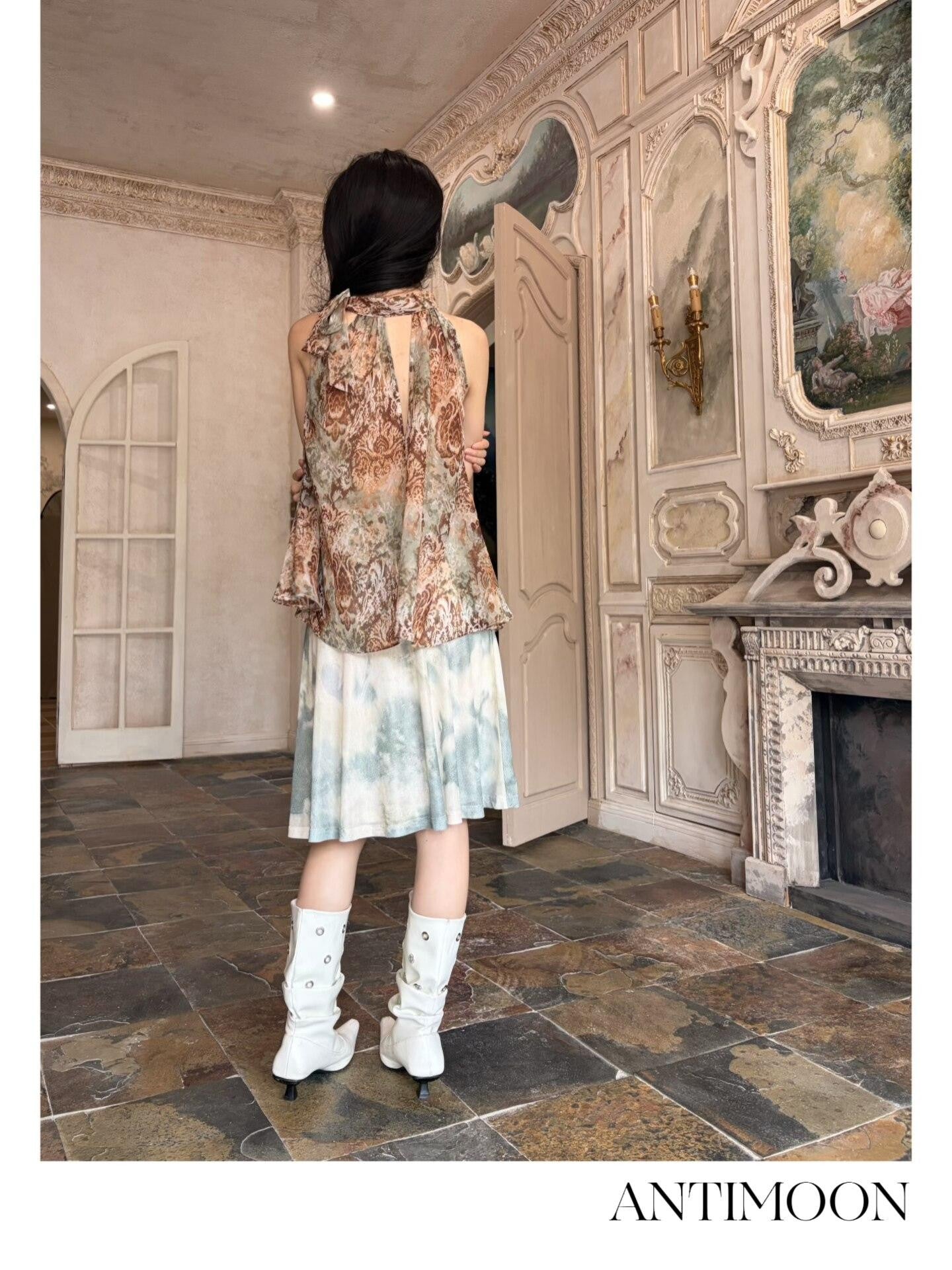 ANTIMOON Bronze Rust Printed Sleeveless Women's Georgette Matching Skirt Sets