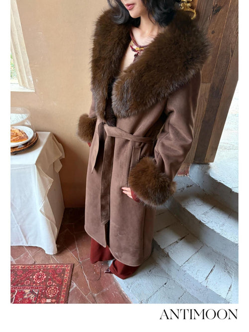 ANTIMOON Brown Fur Collar Lace Up Waist Women's Suede Faux Fur Coats
