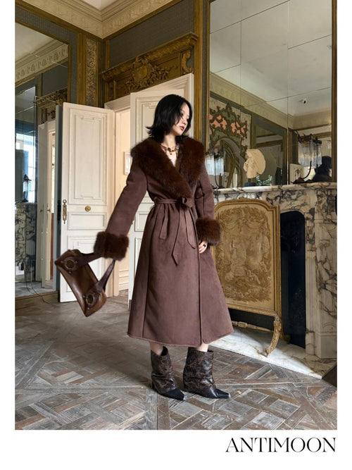 ANTIMOON Brown Fur Collar Lace Up Waist Women's Suede Faux Fur Coats