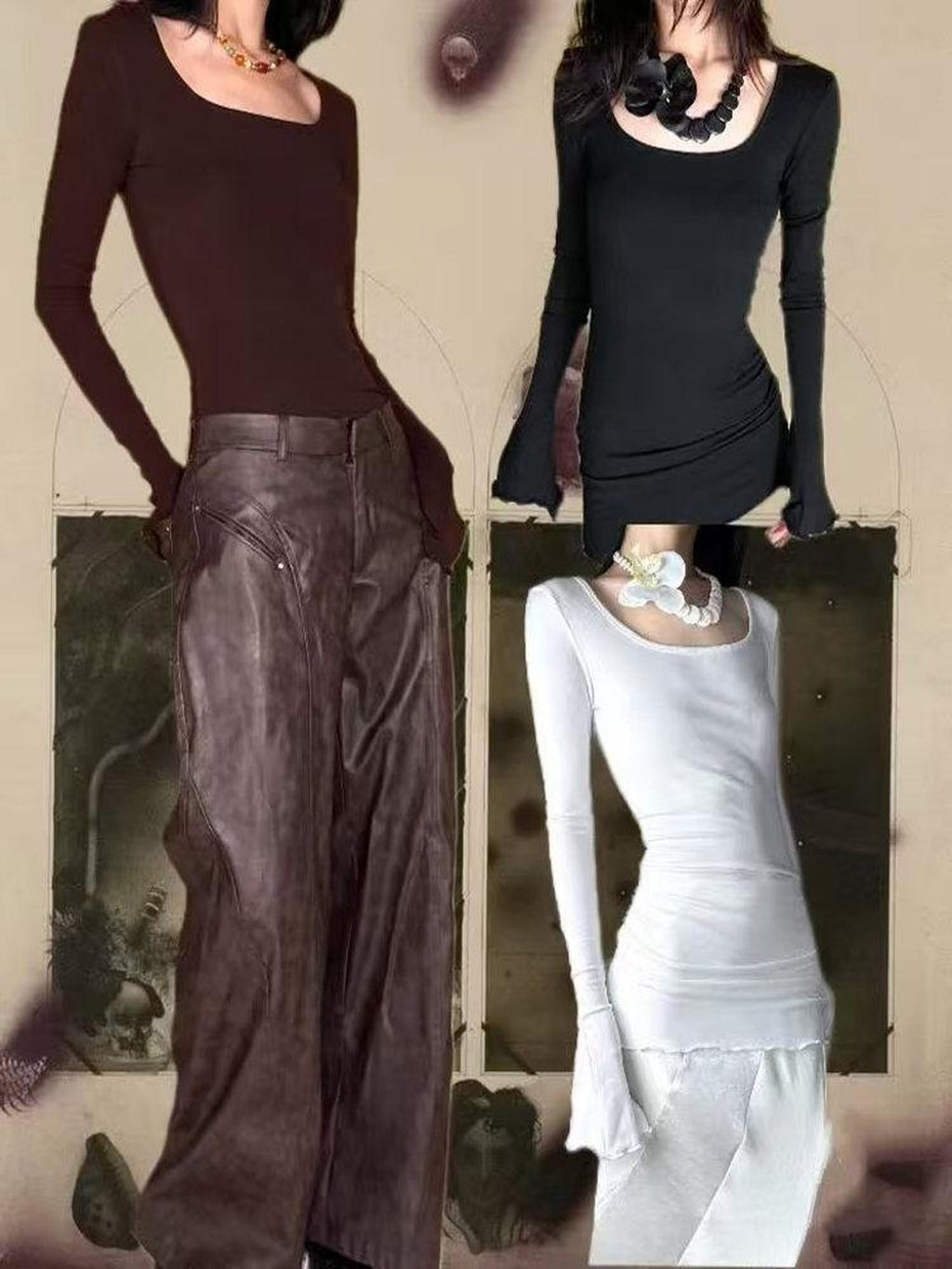 ANTIMOON Brushed Slim Fit Square Collar Women's Soft Cotton Long Sleeve T-shirts