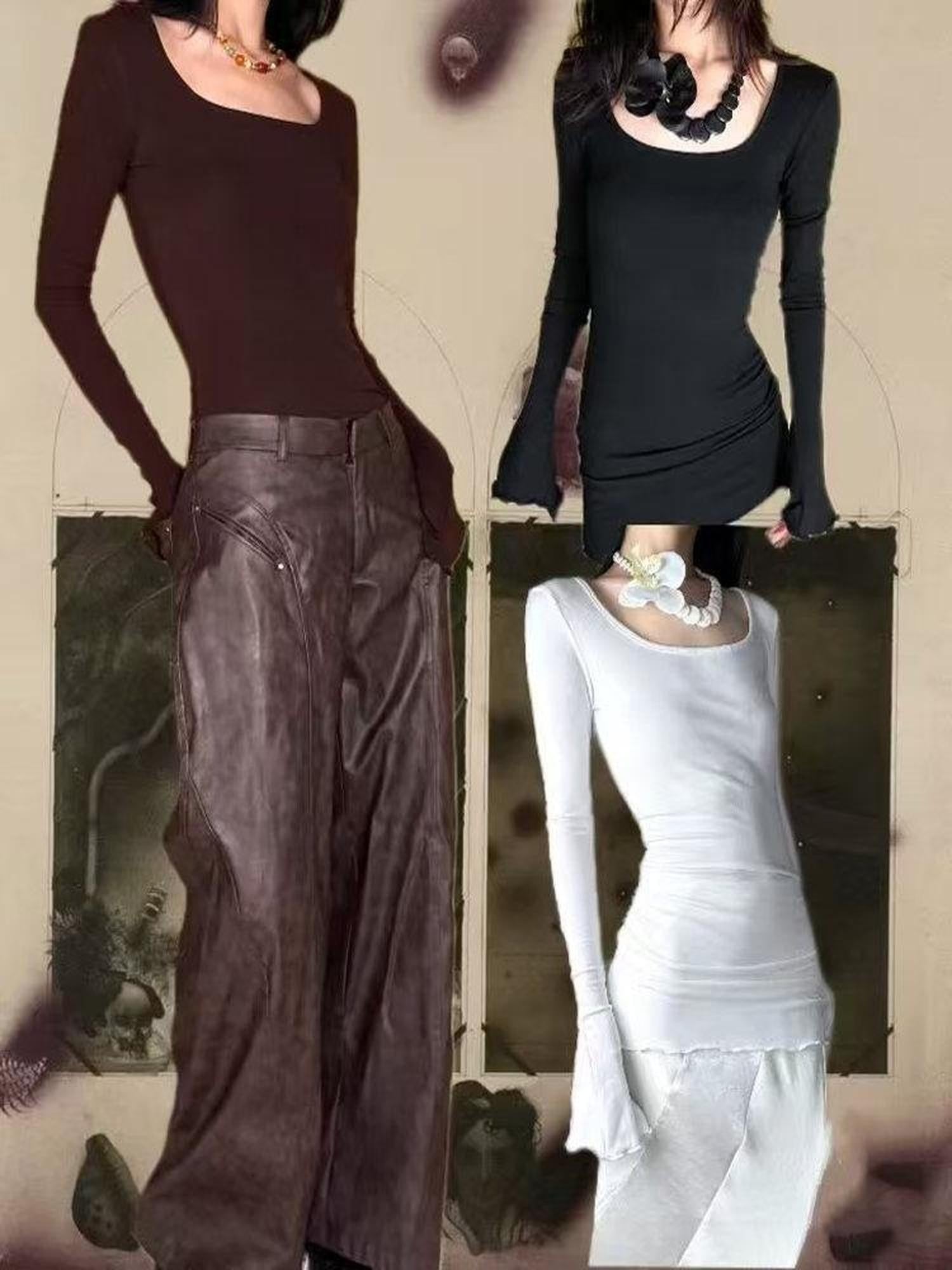 ANTIMOON Brushed Slim Fit Square Collar Women's Soft Cotton Long Sleeve T-shirts