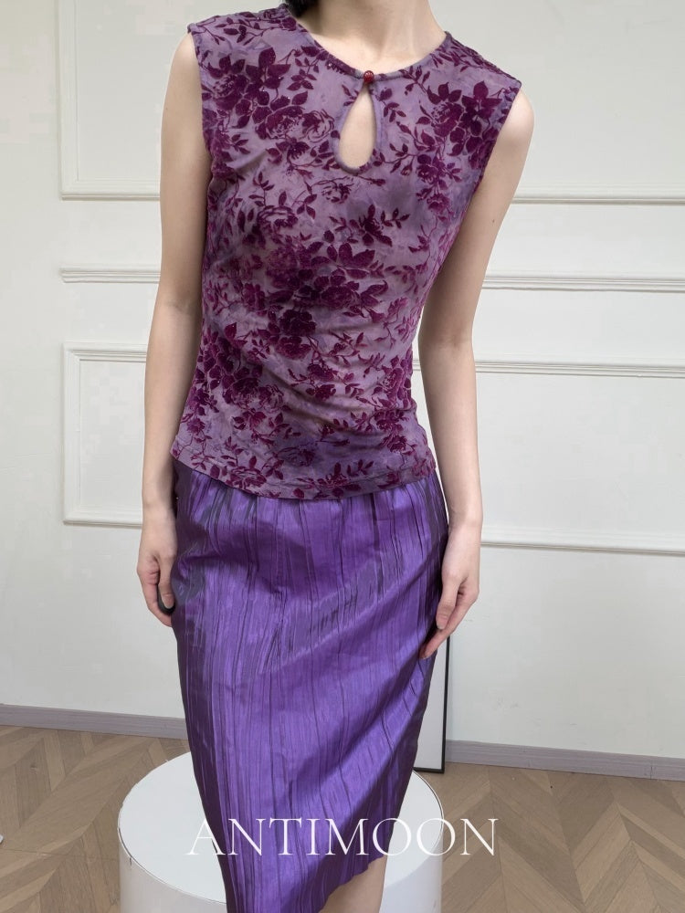 ANTIMOON_Burnout_Floral_Print_Stand_Collar_Slim_Fit_Short_Women's_Polyester_Tank_Tops_1049224336099_MISSTT