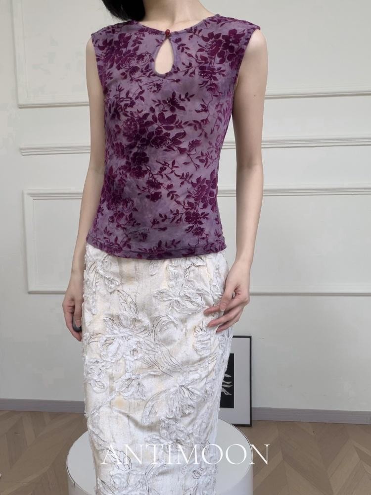ANTIMOON Burnout Floral Print Stand Collar Slim Fit Short Women's Polyester Tank Tops