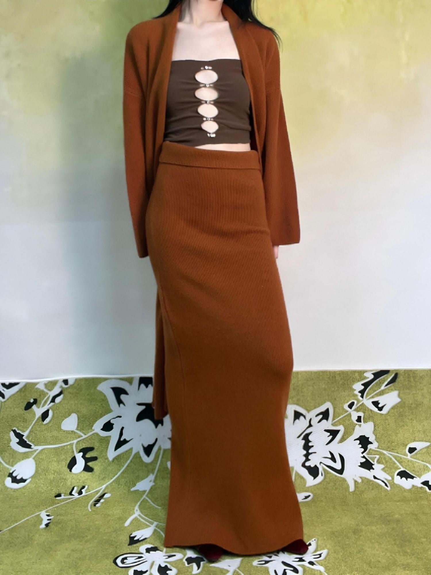 ANTIMOON Caramel Knit Bustier Cardigan High Waist Women's Polyester Matching Skirt Sets