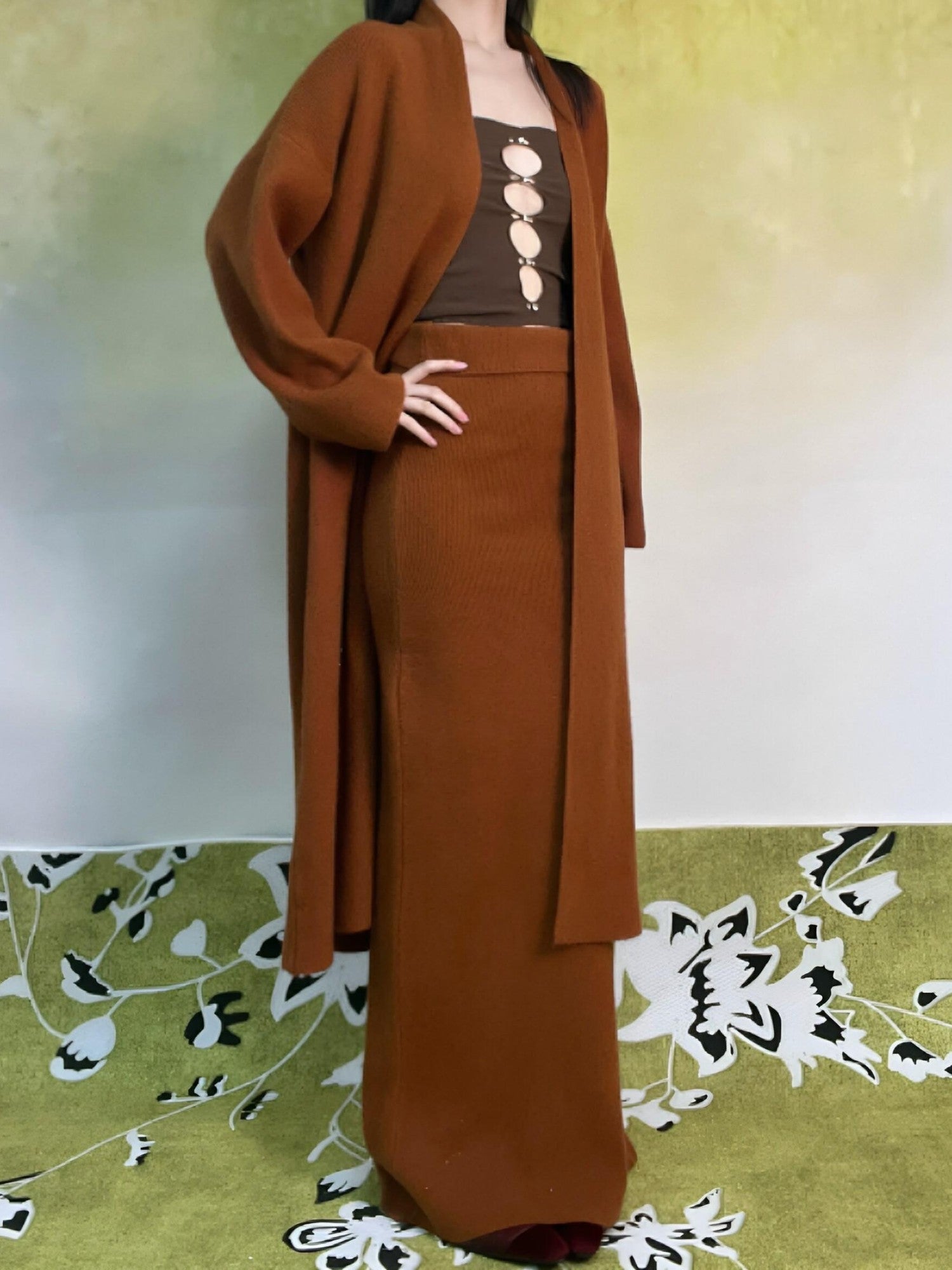 ANTIMOON Caramel Knit Bustier Cardigan High Waist Women's Polyester Matching Skirt Sets