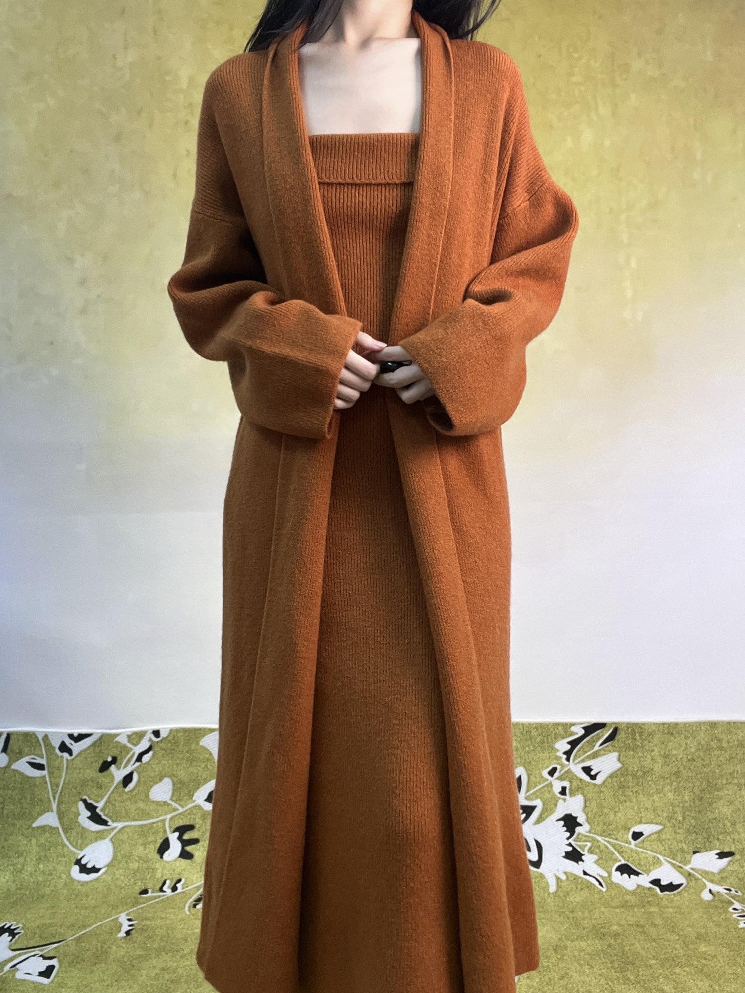 ANTIMOON Caramel Knit Bustier Cardigan High Waist Women's Polyester Matching Skirt Sets