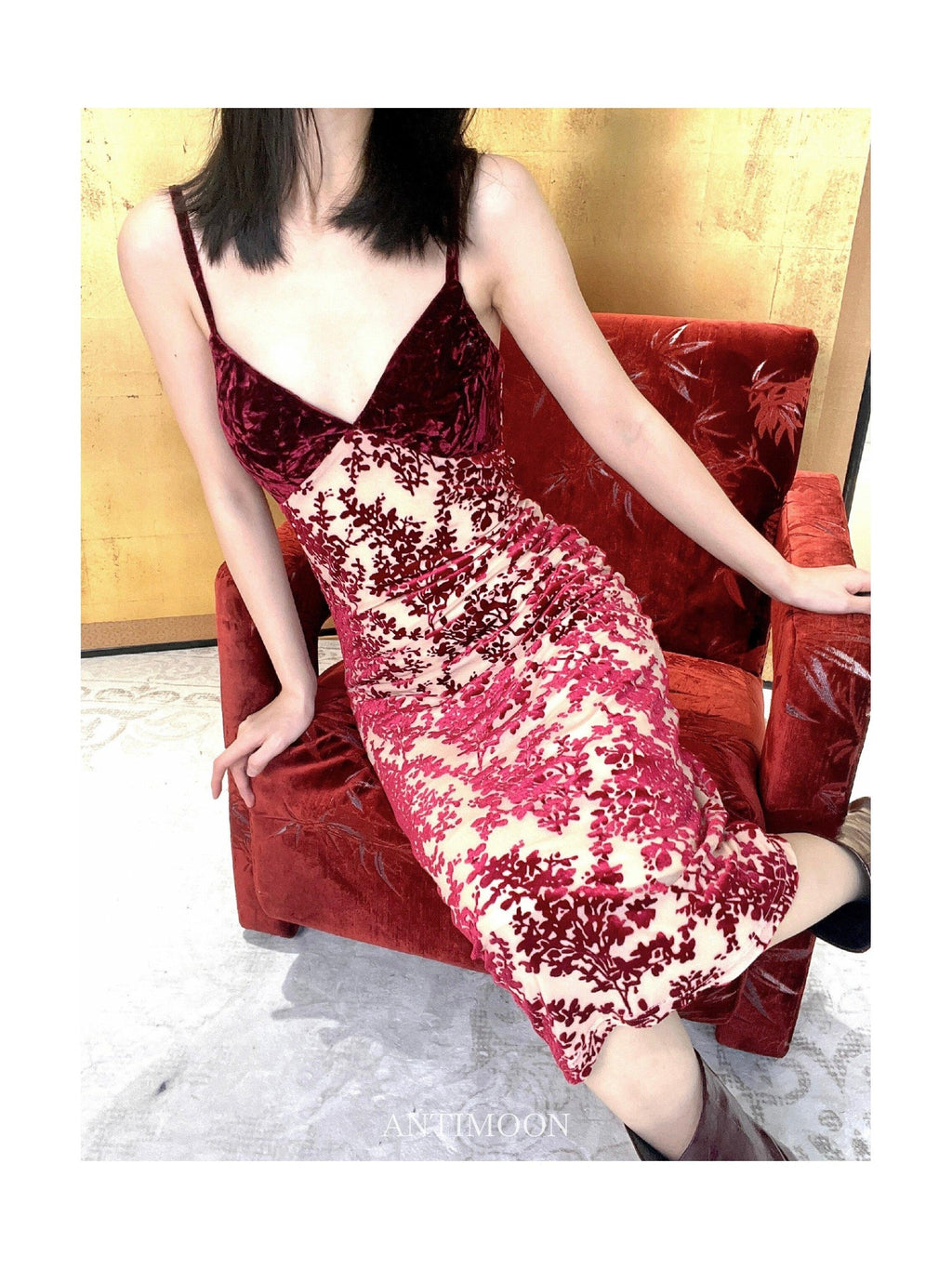 ANTIMOON Cherry Red Vintage Floral Burnout Women's Velvet Bodycon Midi Dresses